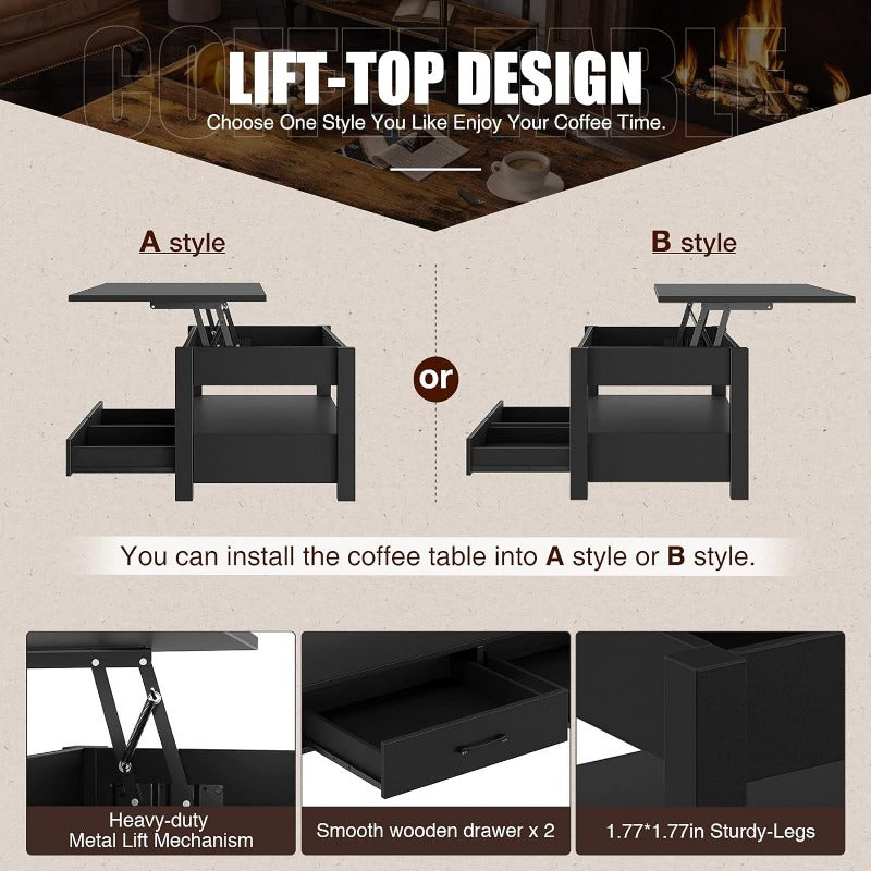 Coffee Table, 120cm Lift Top Coffee Table with Drawers and Hidden Compartment, Retro Central Table with Wooden Lift Tabletop, for Living Room