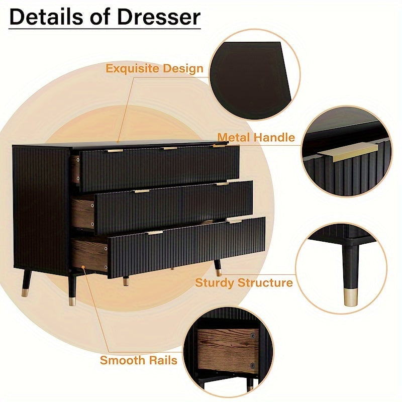 7 Drawer Dresser For Bedroom, Elegant Dressers With Fluted Panel, Storage Dresser With Golden Handles, Modern Closet Of Drawers For Living Room