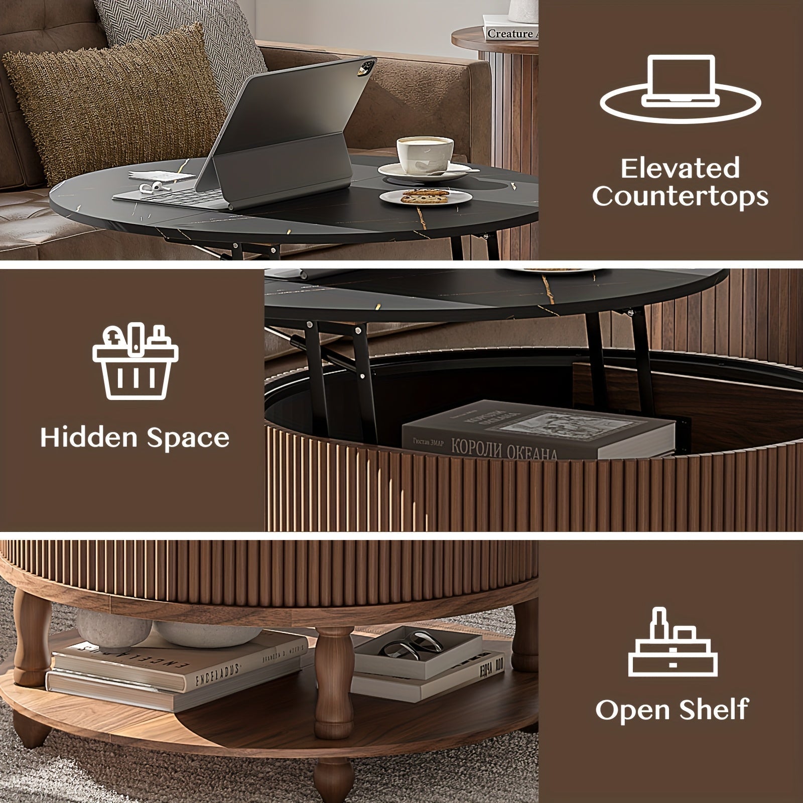 81cm Walnut Wood Round Coffee Table with Adjustable Height, Storage & Hidden Compartment - 2-Tier Mid-Century Modern Design for Living Room