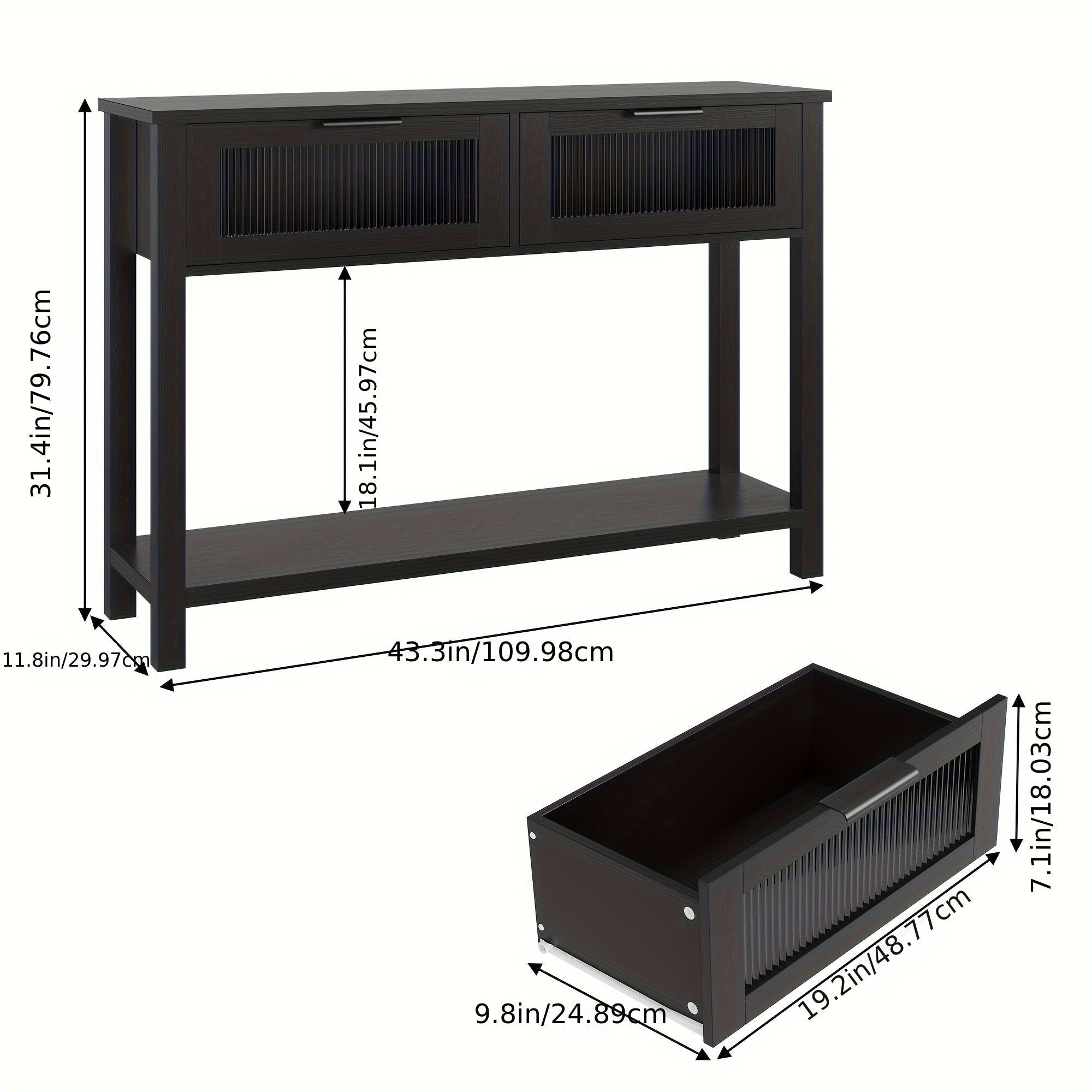 Entryway Table, Wood Console Table with 2 Glass Drawers, 2-Tier Sofa Table with Storage for Living Room, Foyer Tables for Entryway (in cm)