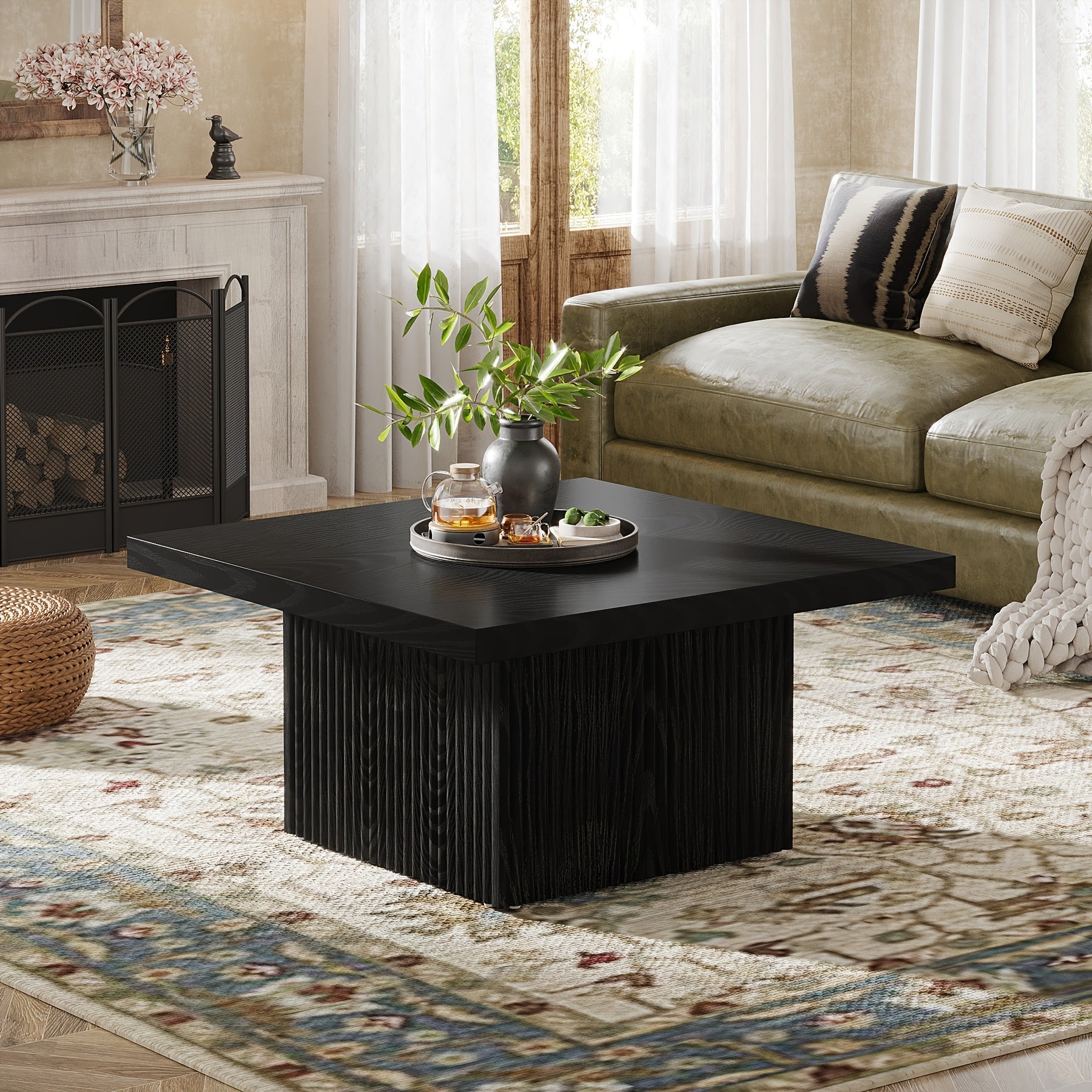 Chic Black Square Coffee Table - 82cm Mid-Century Modern Design with Fluted Detail, Durable MDF Construction, Perfect for Living Room or Office