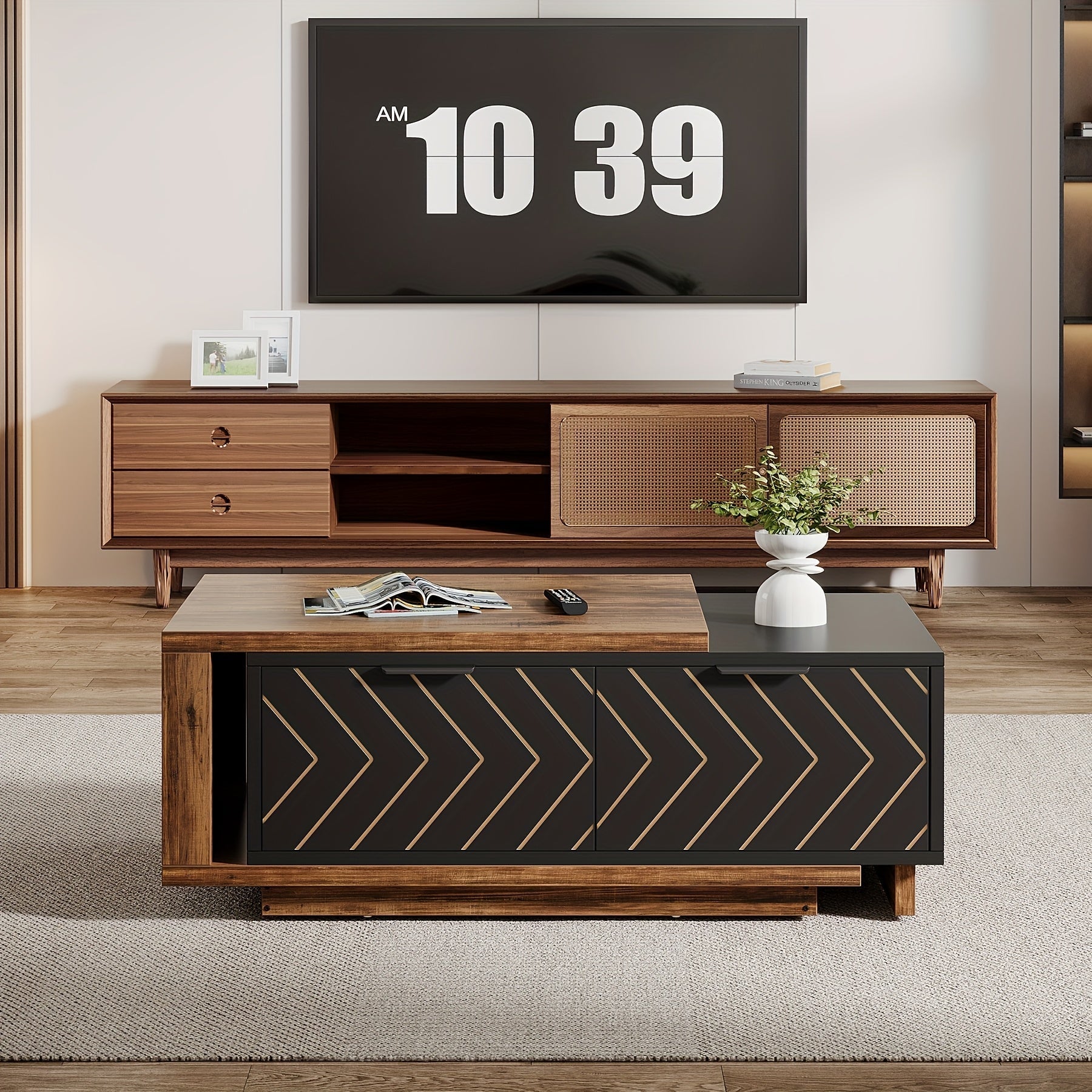 Versatile Dual-Tone Extendable Coffee Table - 106cm Adjustable, Reversible Wood Centerpiece with Spacious Storage Drawers for Living Room