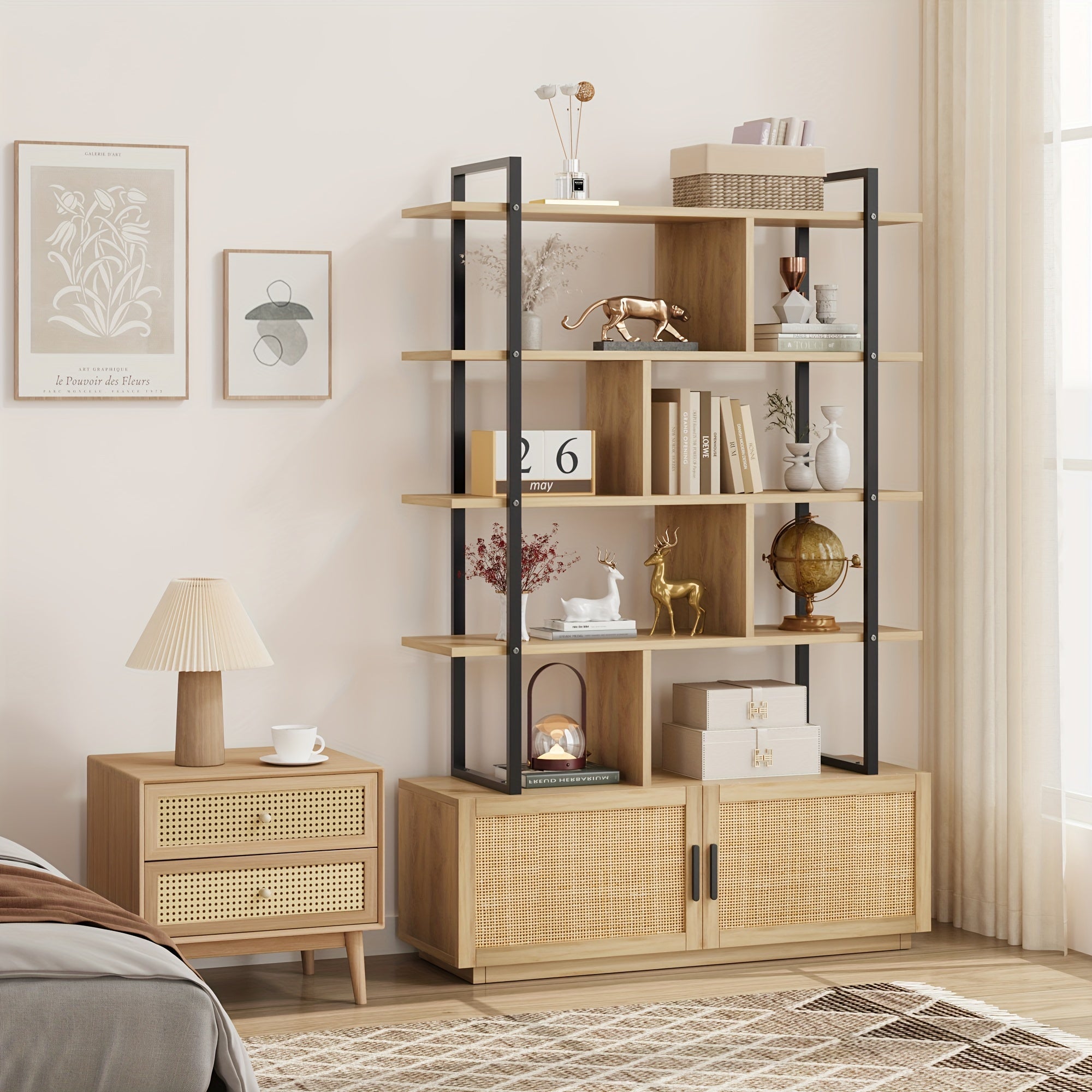 5 -Tier Rattan Bookshelf with Storage Cabinet & Door, 71.1''Tall Industrial Book Shelf with Open Display Shelves, Bookcase with Metal Frame for Living Room, Bedroom