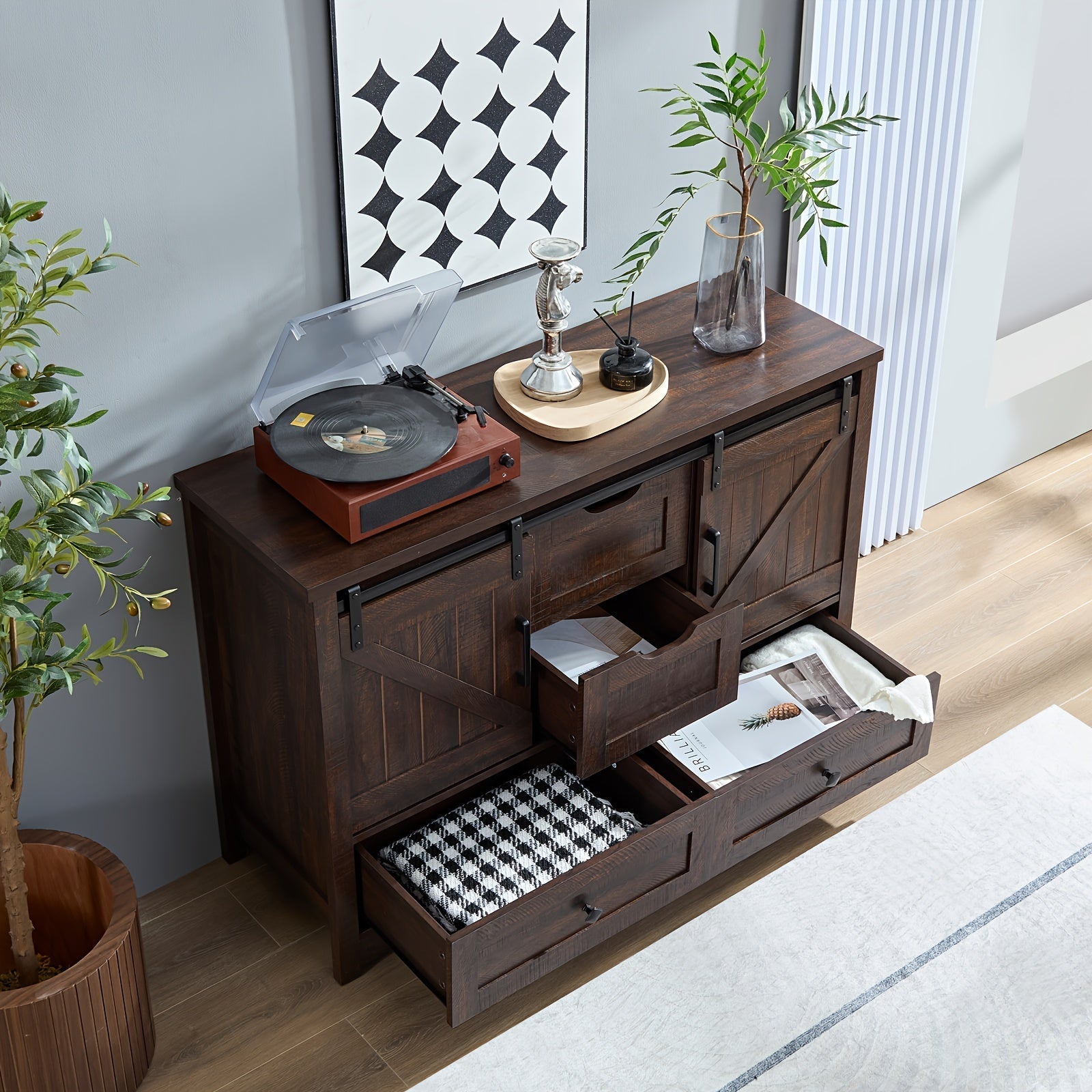 Bedroom Dresser, Rustic Dresser With Barn Doors, Closet Storage With 4 Drawers, Farmhouse Style Dresser With SlidingBarn Doors, Sideboard For Dining Room, Wooden Door Cabinet Suitable For Living Room, Hallway