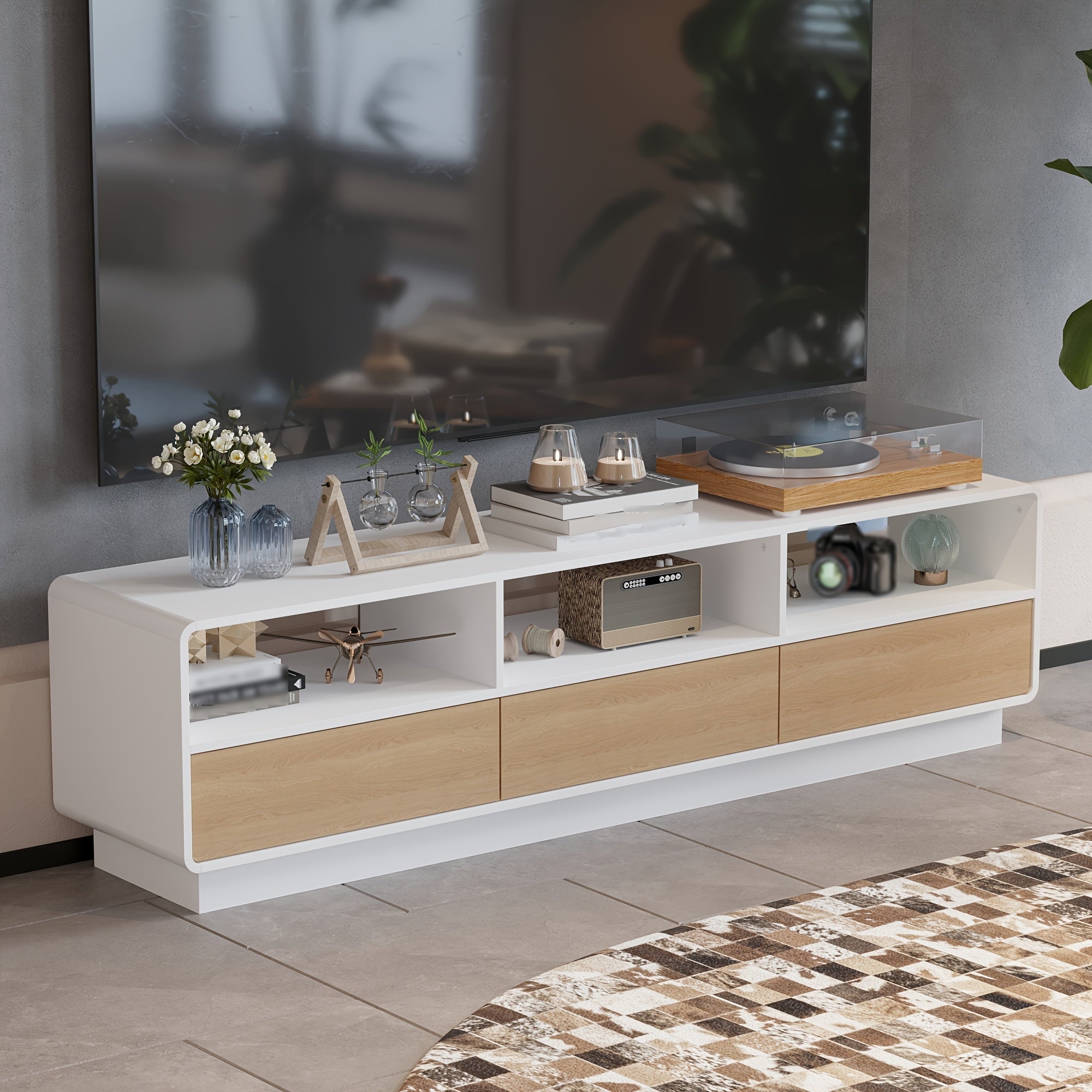 Modern TV Stand Glossy Media Console, TV Console with 3 Drawers & Shelves, Contemporary Style, for Living Room, White