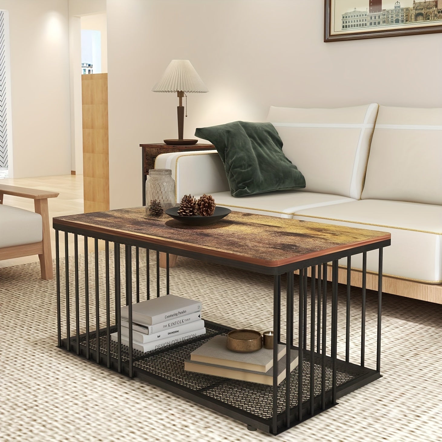 Industrial Coffee Table with Storage Shelf for Small Apartment Living Room, Rectangle Wood and Stable Metal TV Stand Side End Table