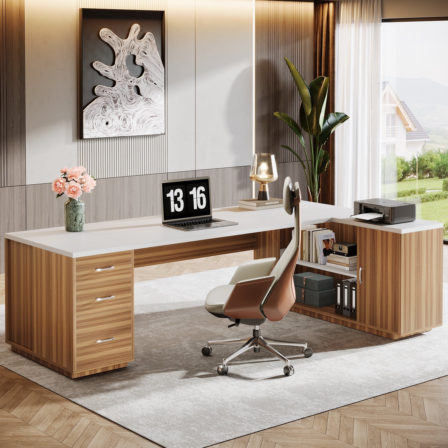 218.9 cm Executive Desk, L-Shaped Office Desk Computer Desk with File Drawers