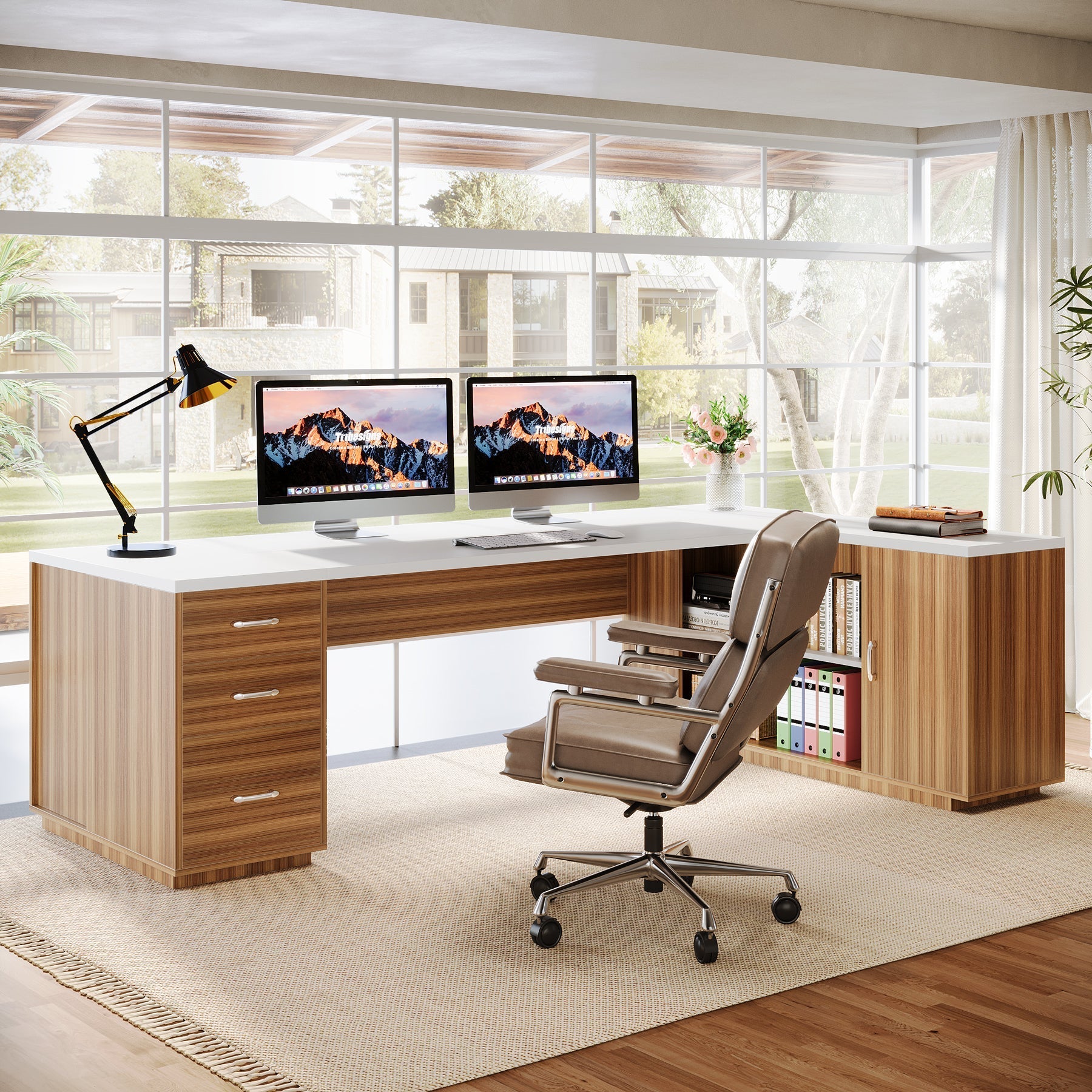 218.9 cm Executive Desk, L-Shaped Office Desk Computer Desk with File Drawers