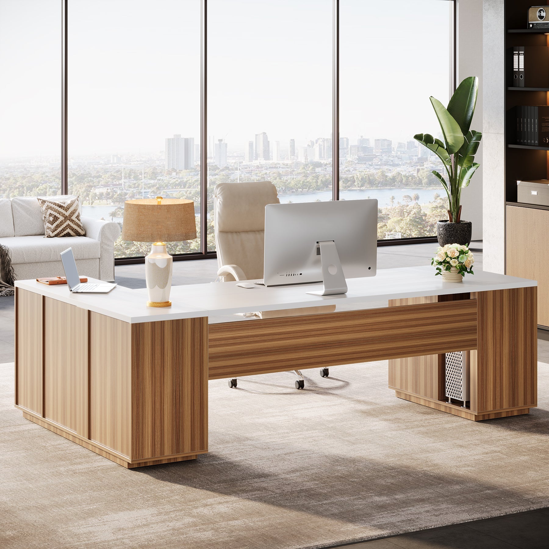 218.9 cm Executive Desk, L-Shaped Office Desk Computer Desk with File Drawers