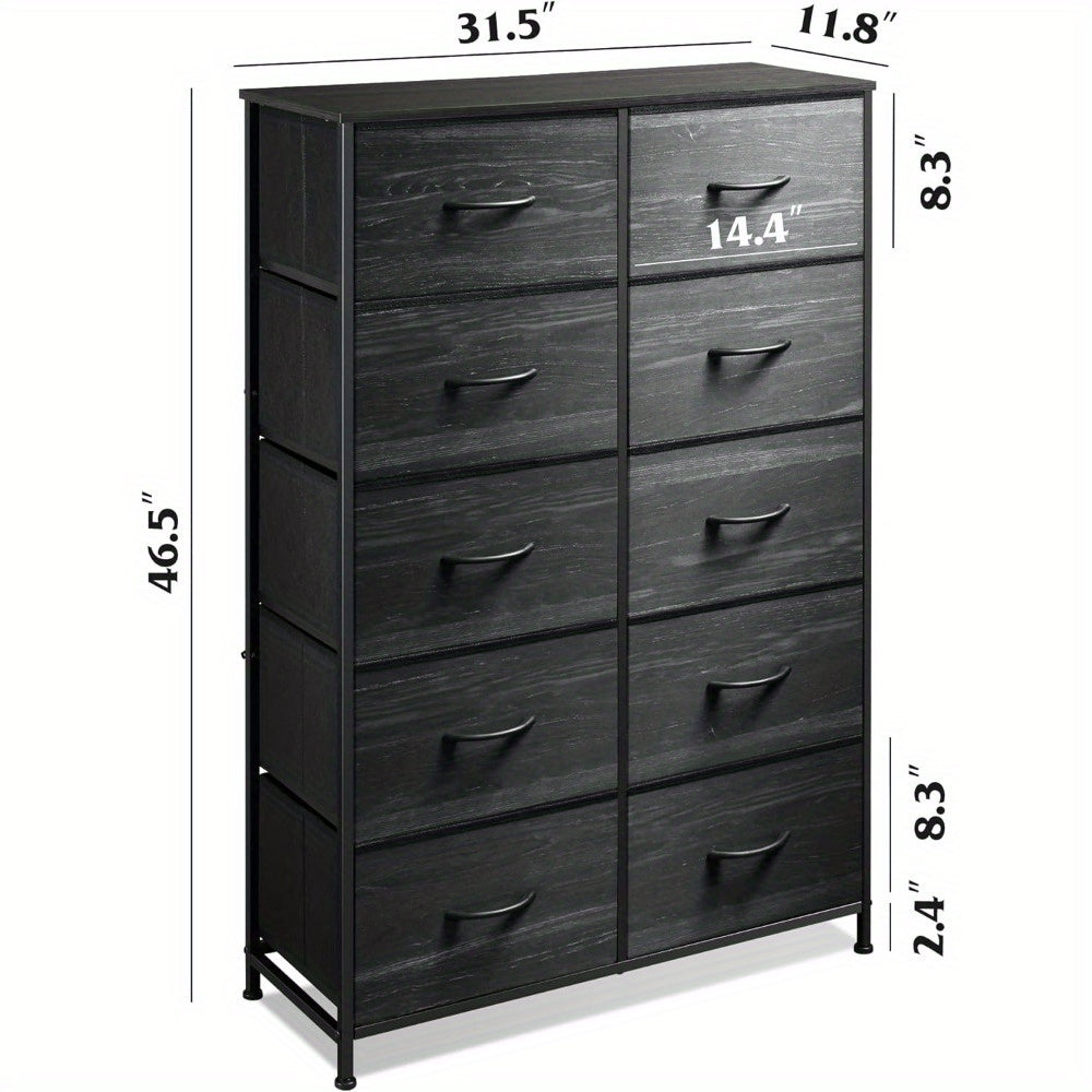 Tall Black Dresser for Bedroom with 10 Drawers, Chest of Drawers, Dressers Bedroom Furniture, Storage Organizer Unit with Fabric Bins for Closet, Hallway, Living Room, Entryway