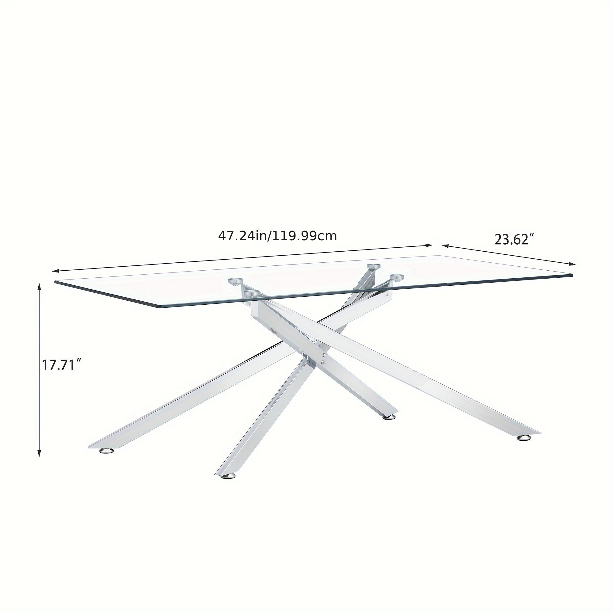 Rectangular Clear Tempered Glass Coffee Table, Stylish Design with Silver Chrome Plated Metal Legs, Coffee Table for Living Room