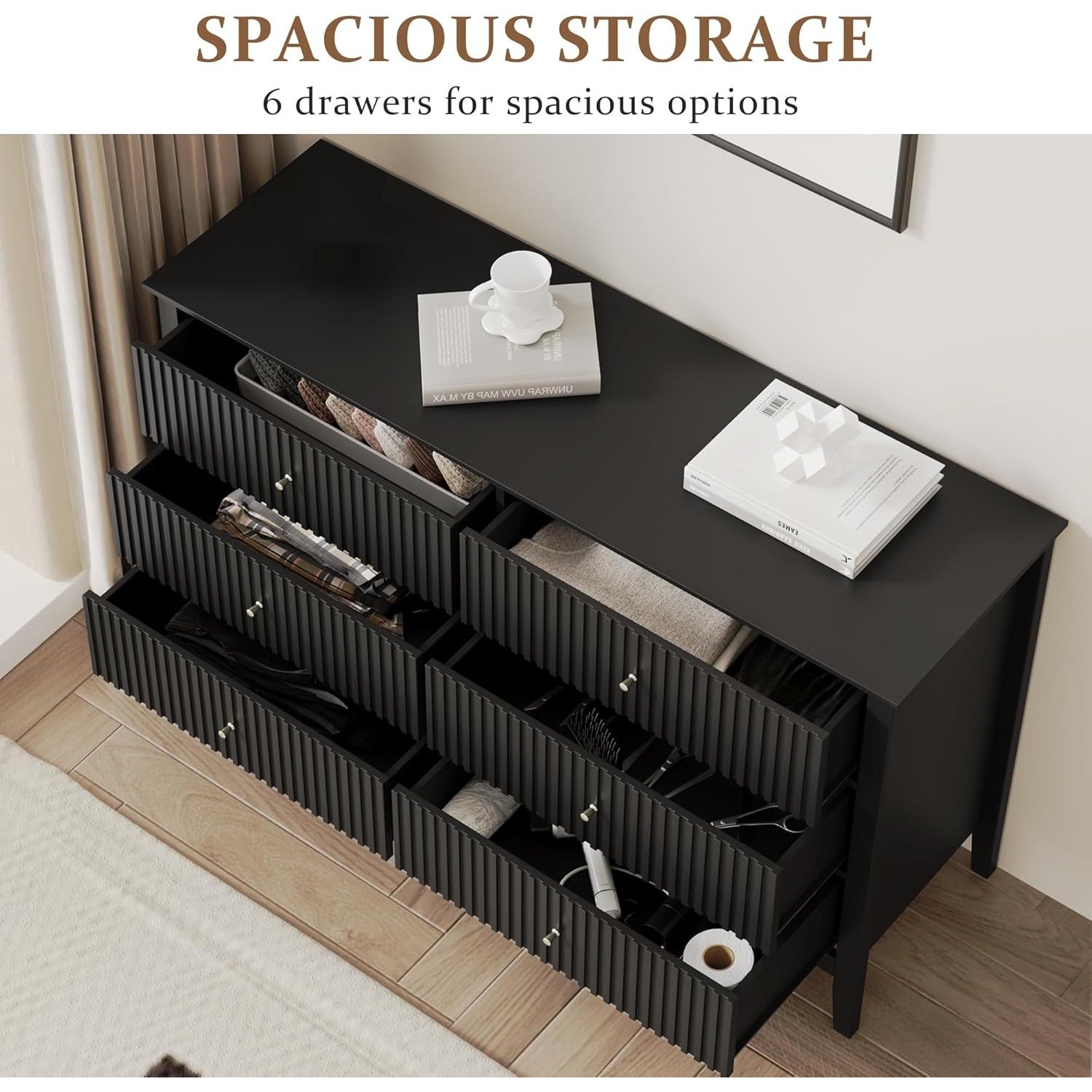 Sleek Black Fluted Dresser, Spacious 6 Drawer Chest, Modern Wood Storage for Bedroom, Living Room, Hallway, Stylish Organizer Cabinet