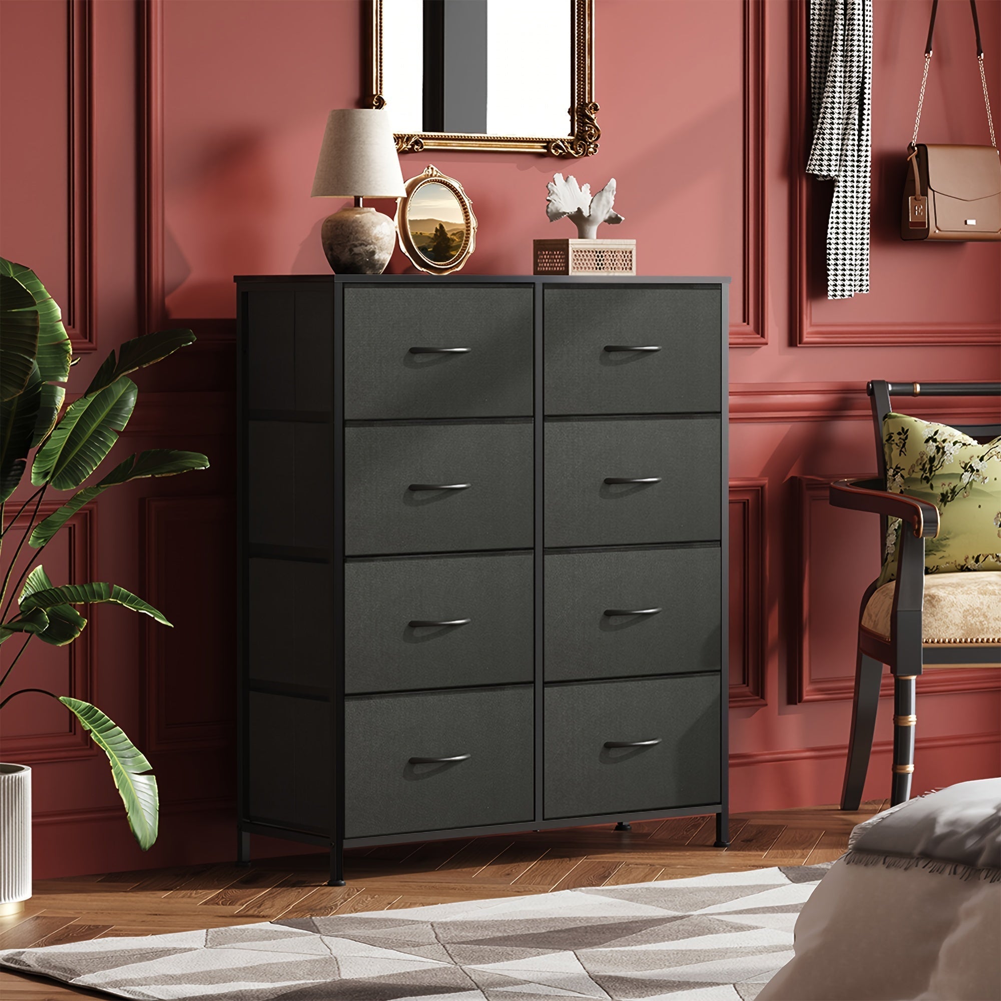 Tall Dresser with 8 Drawers, Storage Tower with Fabric Bins, Double Dresser, Chest of Drawers for Closet, Living Room, Hallway, Charcoal Black