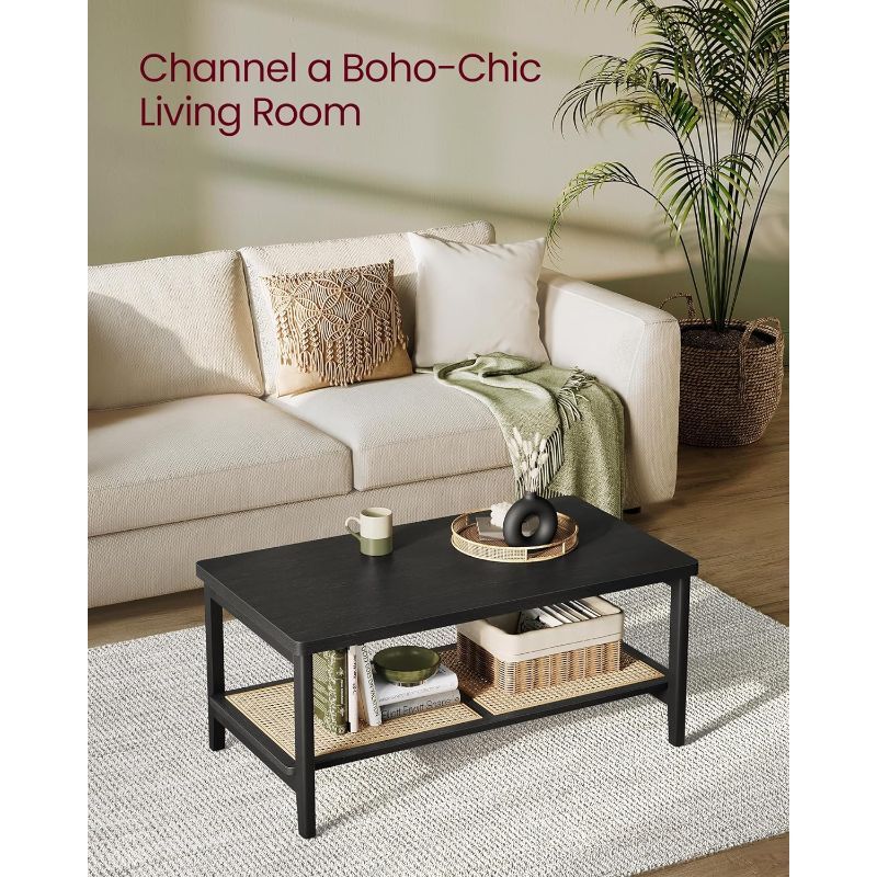 Boho Chic 2-Tier Coffee Table with PVC Rattan Storage - Easy Assembly, Rounded Corners, Hardwood & Metal Construction for Living Room, VASAGLE, Rectangular Center Table