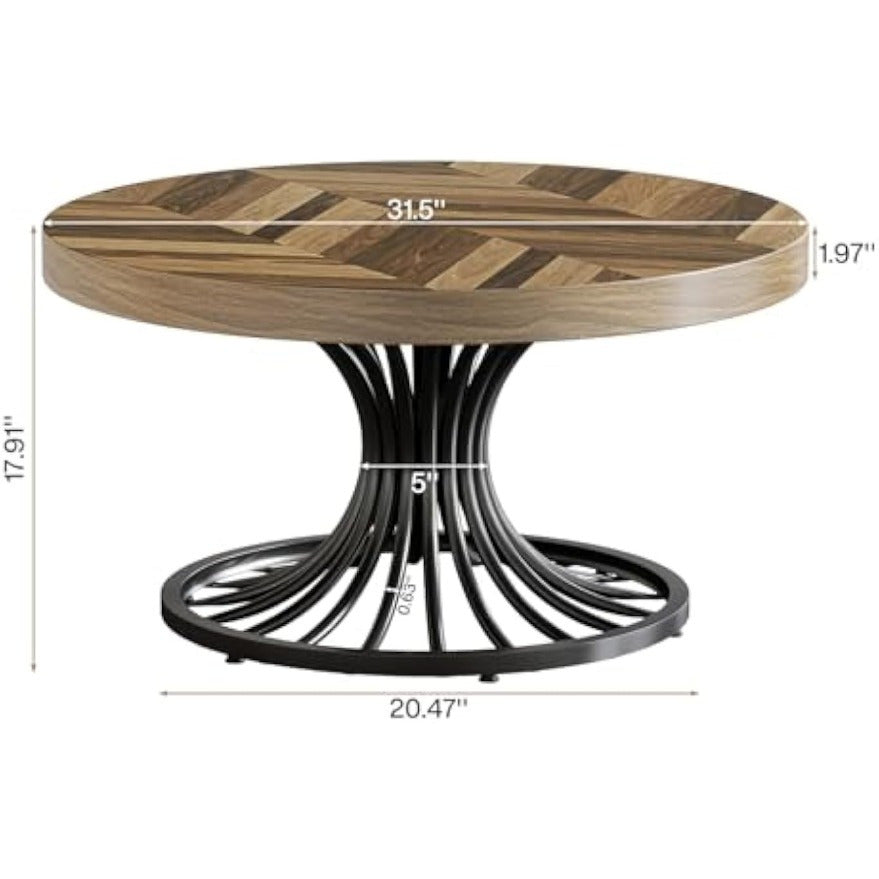 Round Coffee Table for Living Room, 82cm Small Wood Coffee Table with Stylish Metal Pedestal, Industrial Wooden Accent Center Table for Small Spaces, Home Office, Rustic Brown and Black