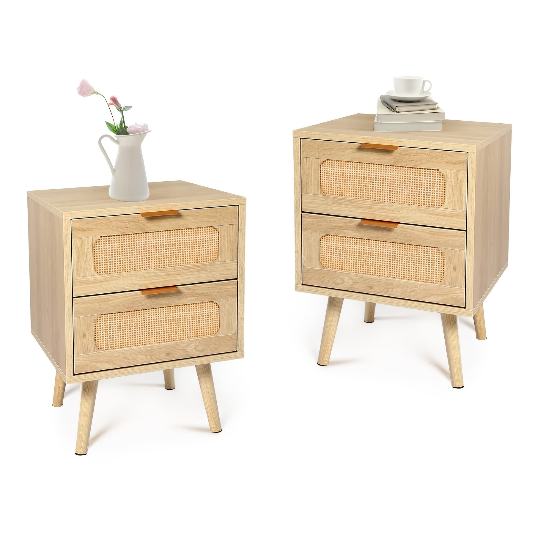 Set Of 2 Nightstands With Rattan Drawer, Modern Night Stand For Bedrooms, Wooden 2 Drawer Bedside Table Side Table For Small Place Living Room And Bedroom