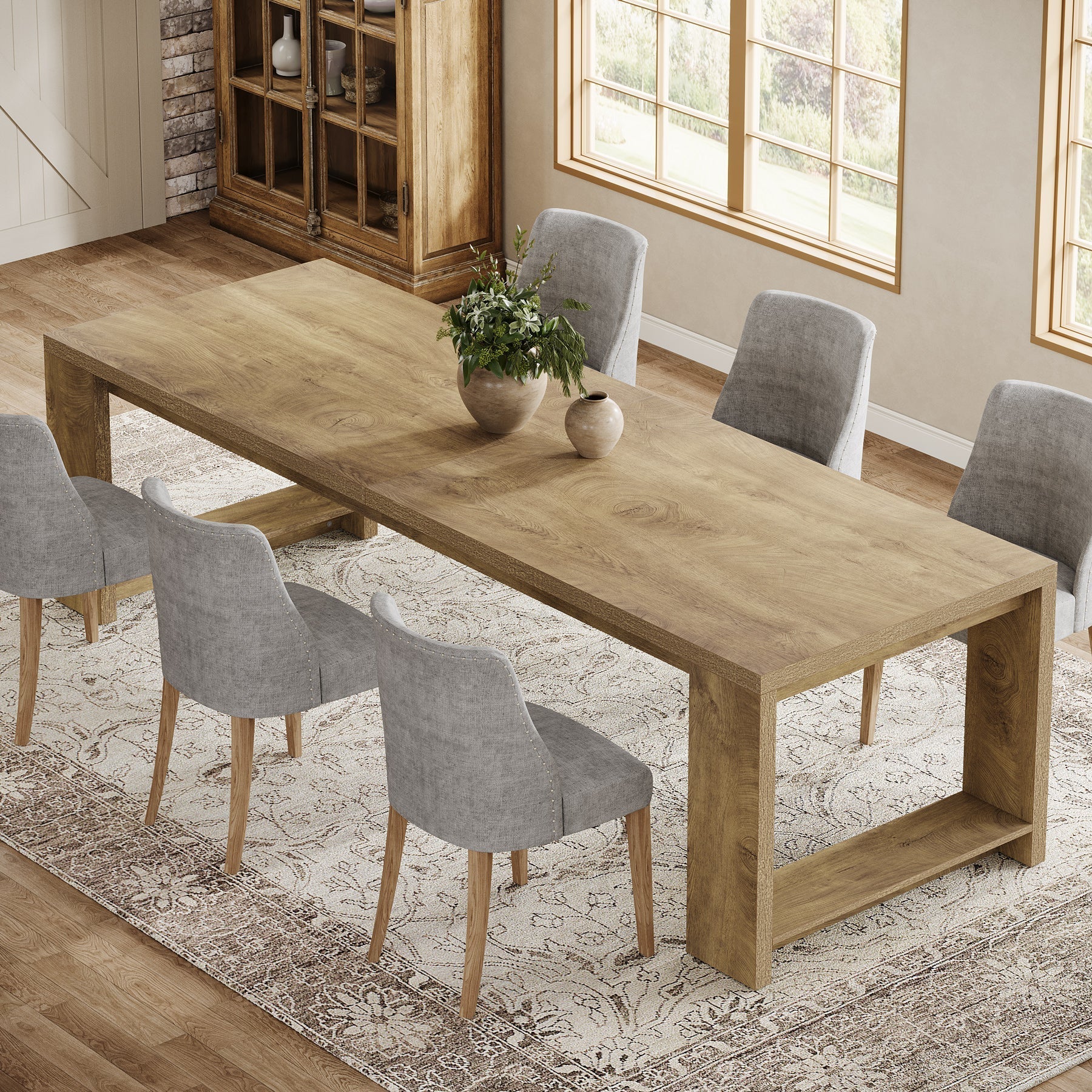 218 cm Dining Table, Farmhouse Kitchen Dinner Table for 8-10 People