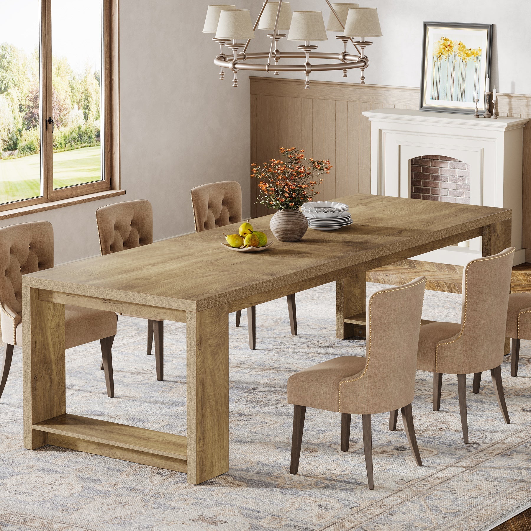 218 cm Dining Table, Farmhouse Kitchen Dinner Table for 8-10 People