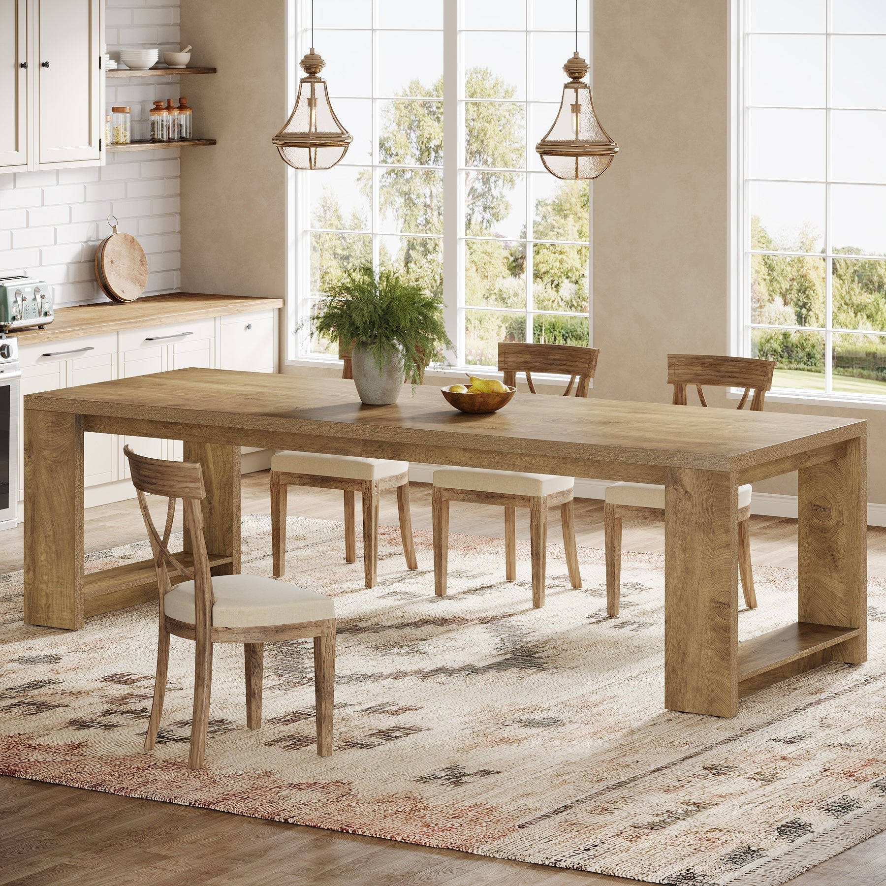 218 cm Dining Table, Farmhouse Kitchen Dinner Table for 8-10 People