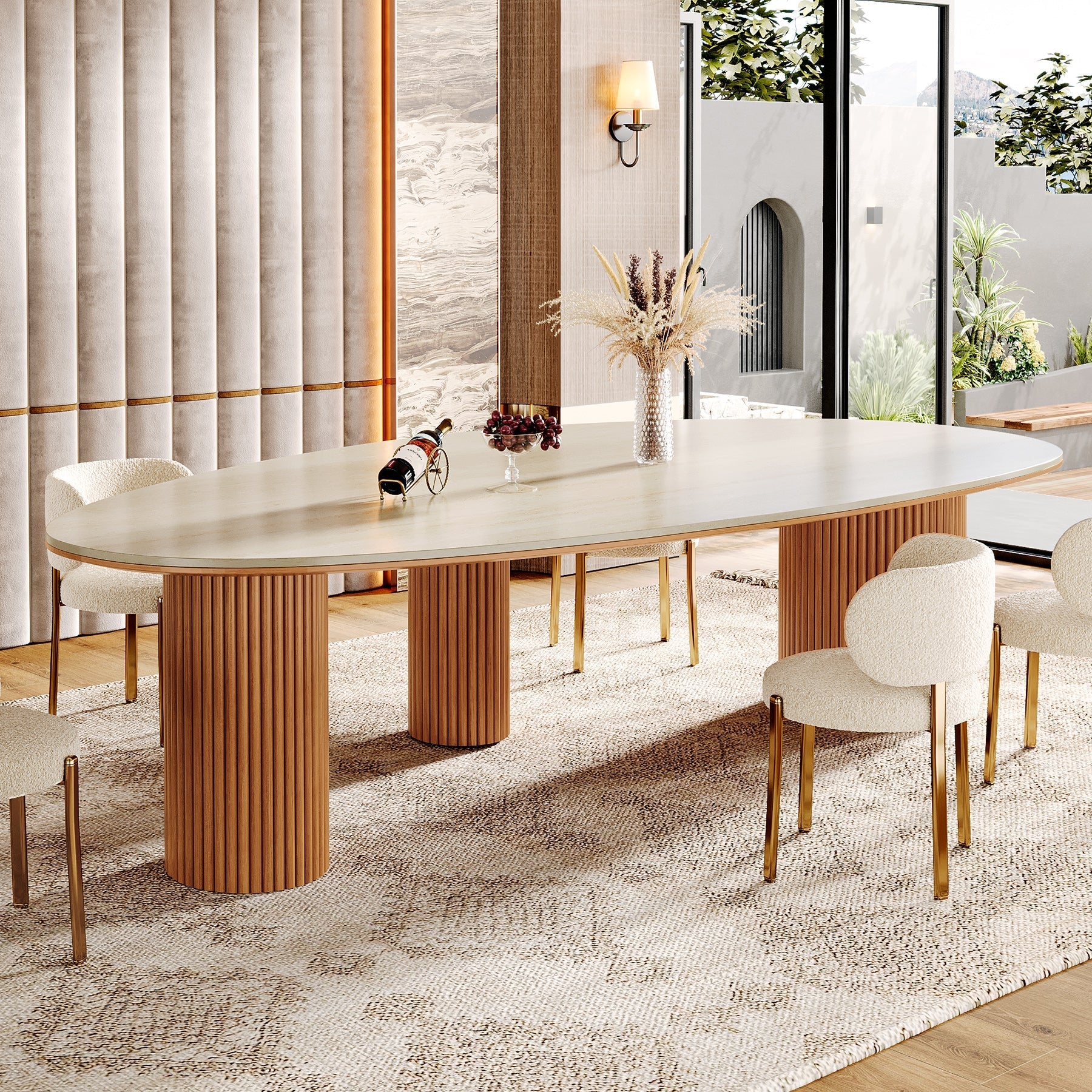 218 cm Dining Table, Oval-Shaped Stone Kitchen Dinner Table for 6 People