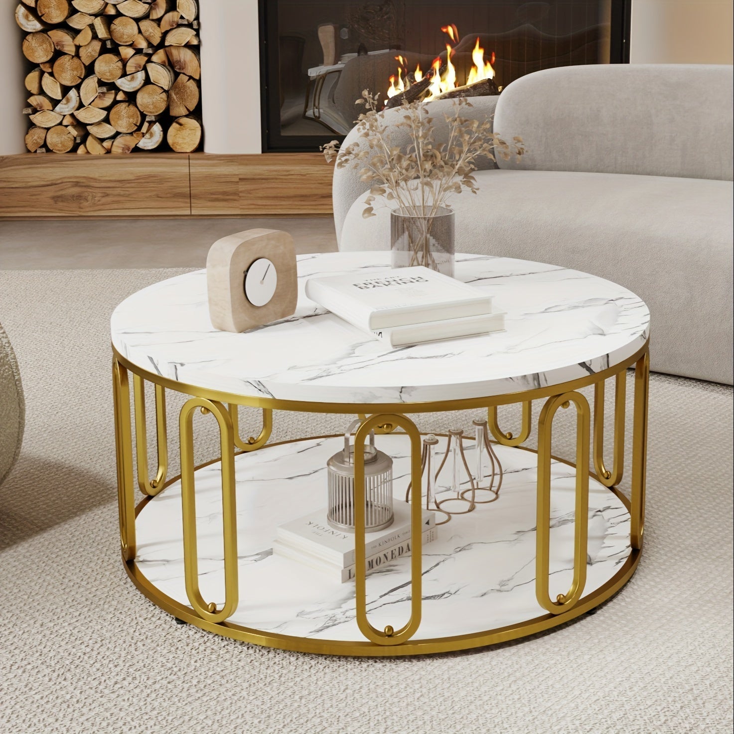 Round Coffee Table, Wooden Marble Pattern Coffee Table With Round Open Storage, Solid Golden Metal Legs For Living Room, White/Black