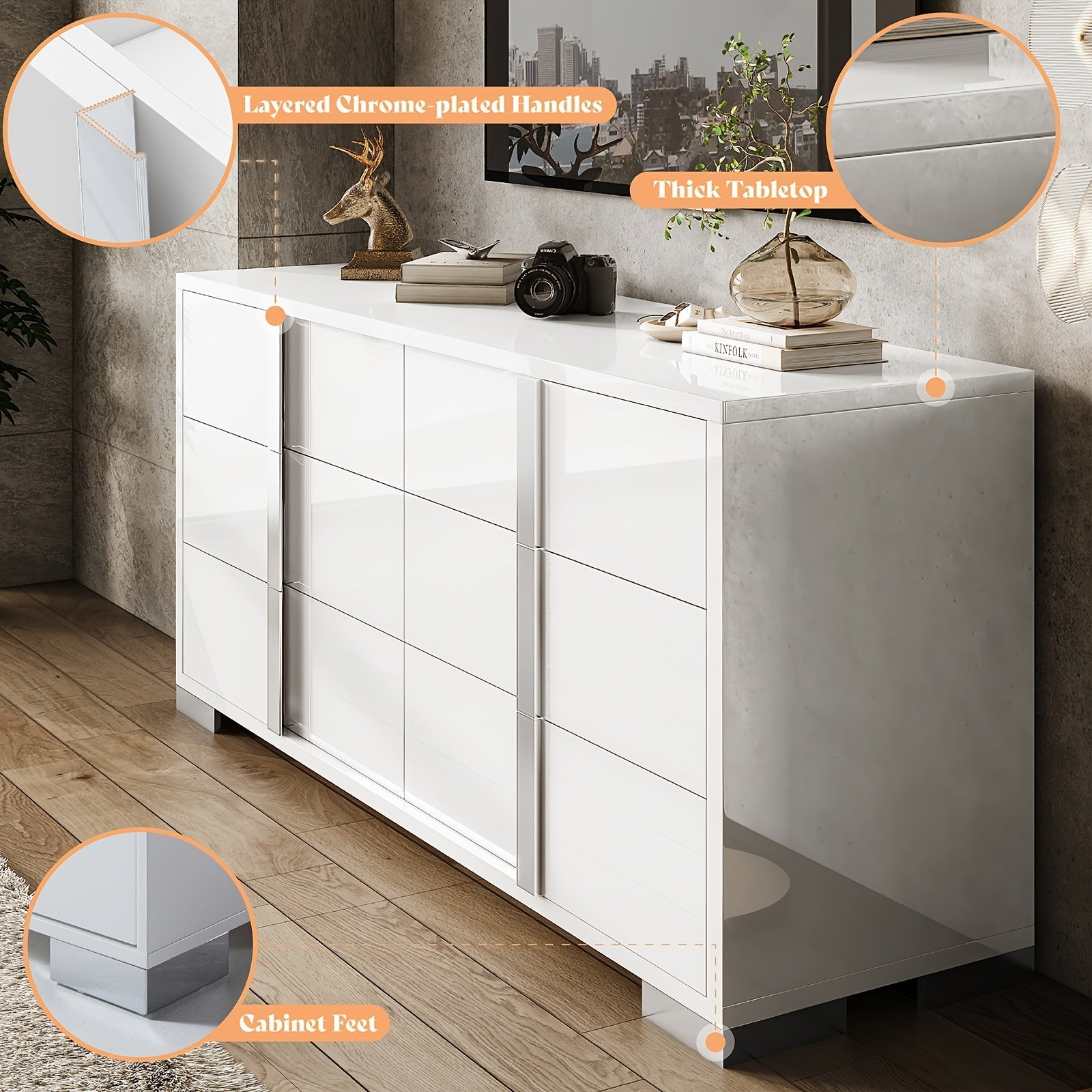 1pc Modern 137cm W Dresser, 6-Drawer Glossy Hardwood & MDF Sideboard with Silver Accents, Freestanding Storage Organizer for Bedroom, Living Room