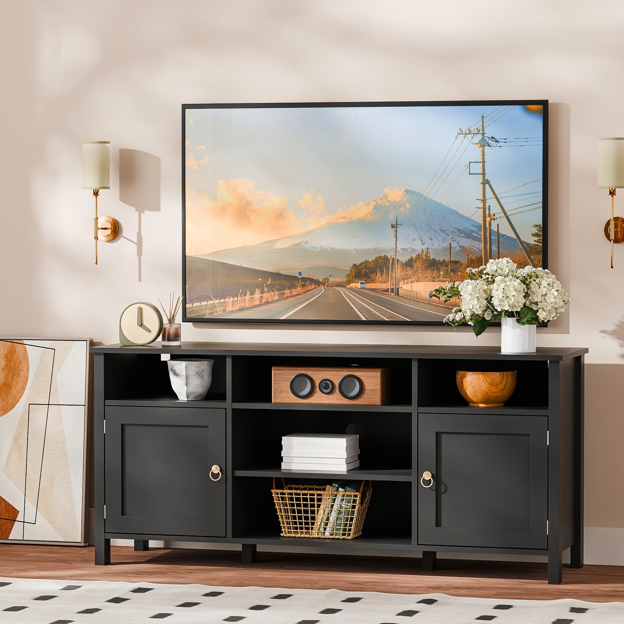 Farmhouse TV Stand For TVs Up To 60 Inch, Modern Entertainment Center, TV Console With Storage Cabinet, Media Console With Barn Ring Pulls