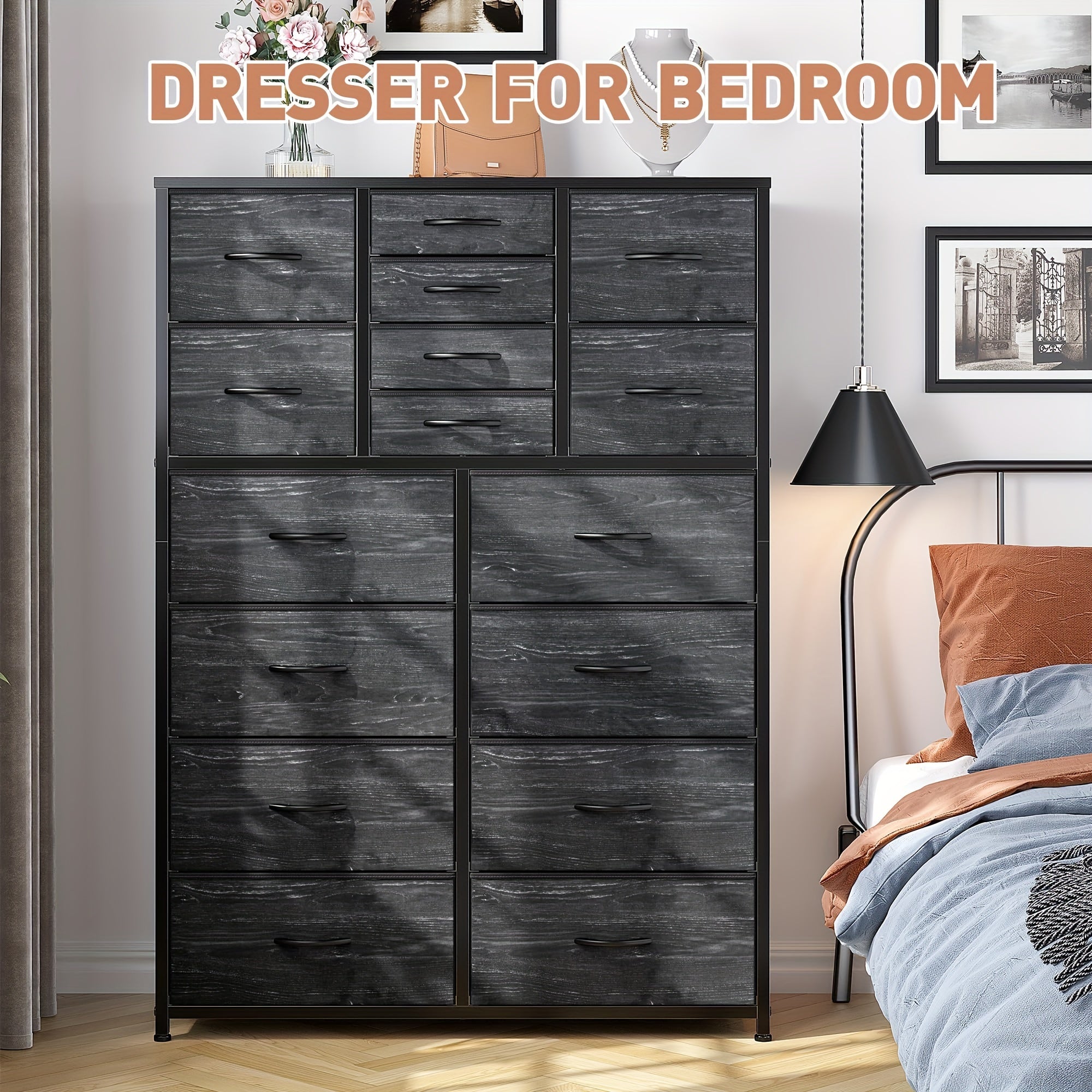 16 Drawers Dresser for Bedroom, Tall Dresser for Bedroom, Bedroom Dressers & Chests of Drawers with Wood Top and Metal Frame, Dresser for Bedroom, Closets, Living Room, Black Wood Grain