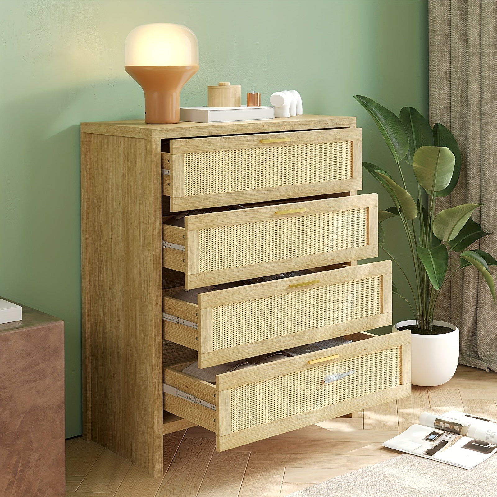 105cm T Rattan Chest With 4 Drawers & Metal Handles