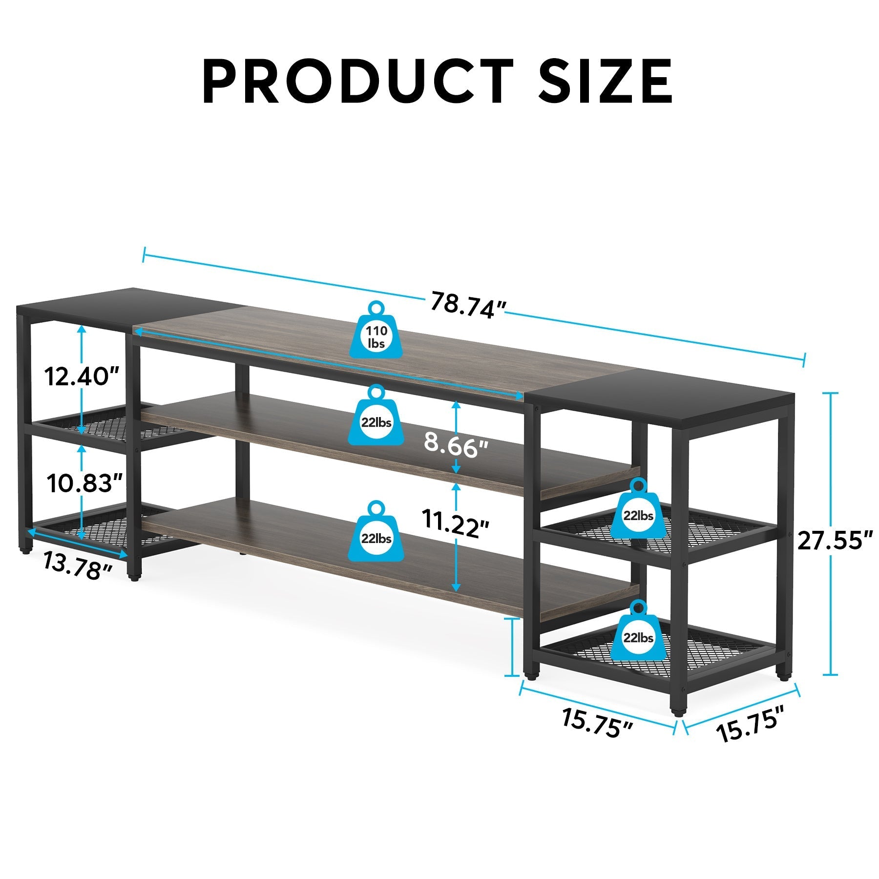 200cm TV Stand for TVs up to 85 Inch, Media Entertainment Center Console Table, Industrial 3-Tier TV Console Table with Storage Shelves for Living Room, Entertainment Room