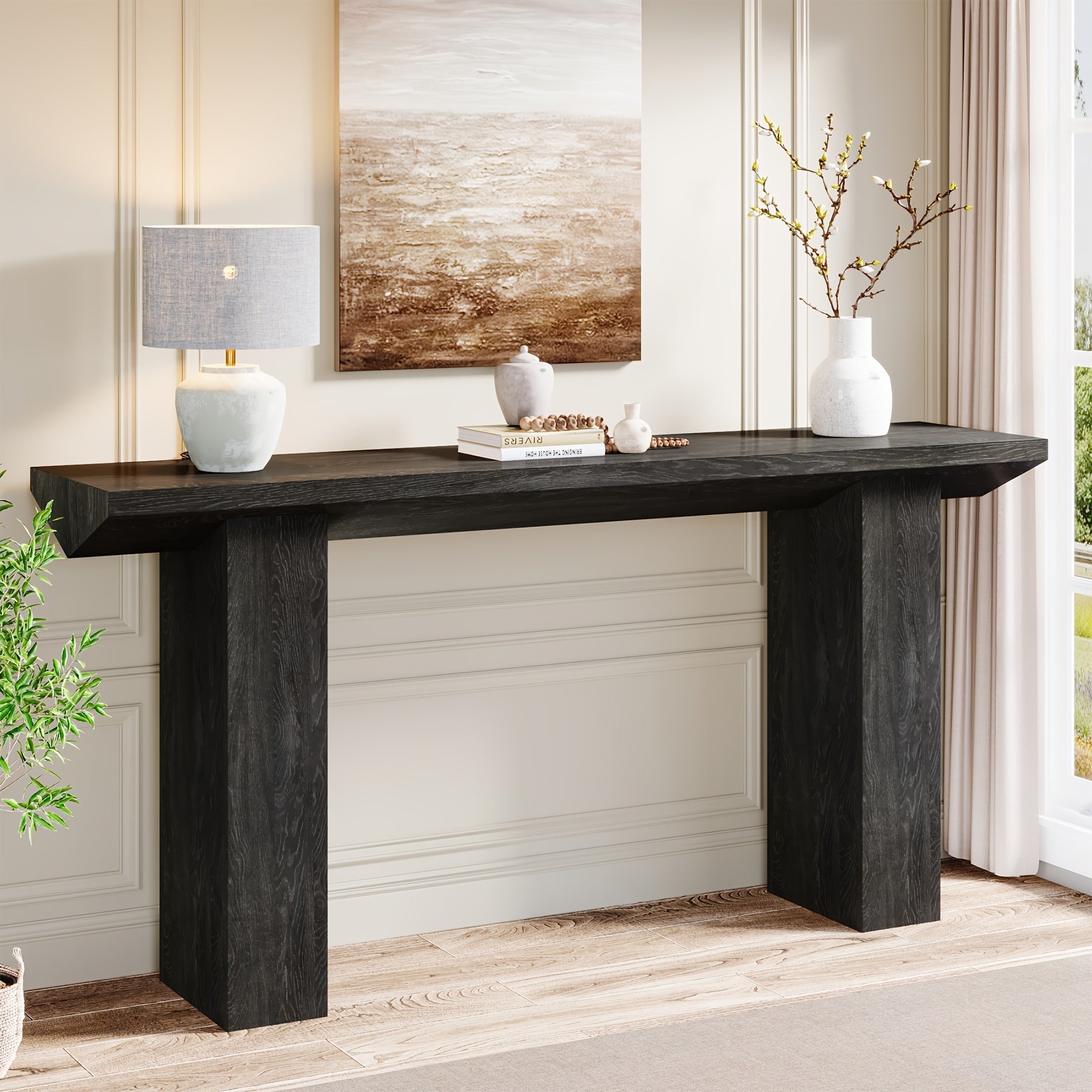 Elegant 160.8 cm Long Farmhouse Console Table - Stain-Resistant MDF, Black Sofa Table with Inverted Triangle Design, Ideal for Entryway, Hallway, Living Room - Durable & Easy to Assemble