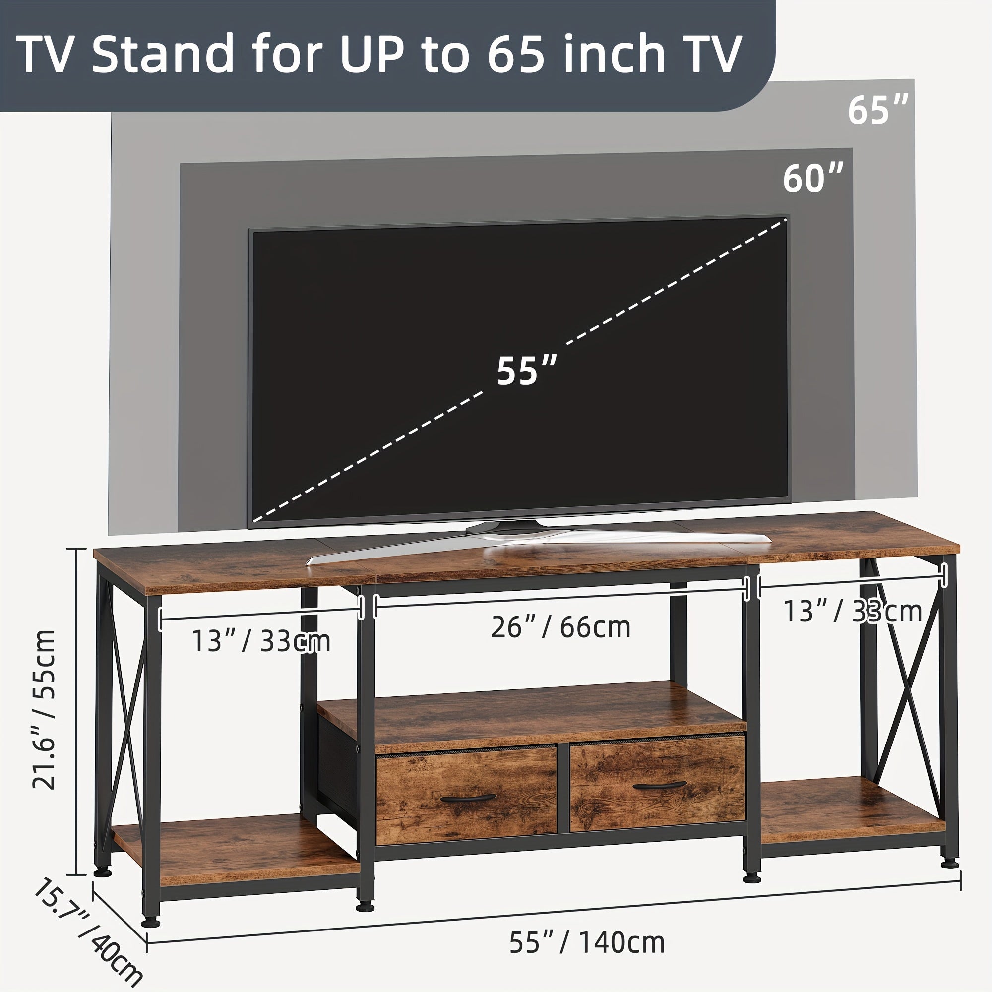 TV Stand With Fabric Drawer, Entertainment Center With Open Storage Shelves For Living Room, Industrial TV Console Table For Bedroom, Multifunctional And Space-saving, Home Theater Furniture, Kitchen Storage Shelf