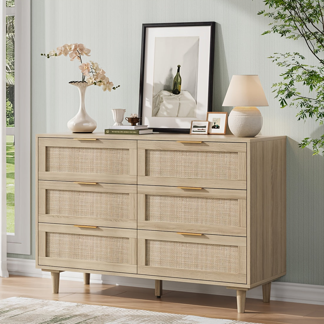 Elegant Boho 6-Drawer Dresser with Golden Handles - Natural Rattan & Wood, Sturdy Metal Frame, Convertible to TV Stand, Ideal for Bedroom & Living Room Storage, Versatile Dresser|Vintage Aesthetic|Sturdy Frame Construction, D