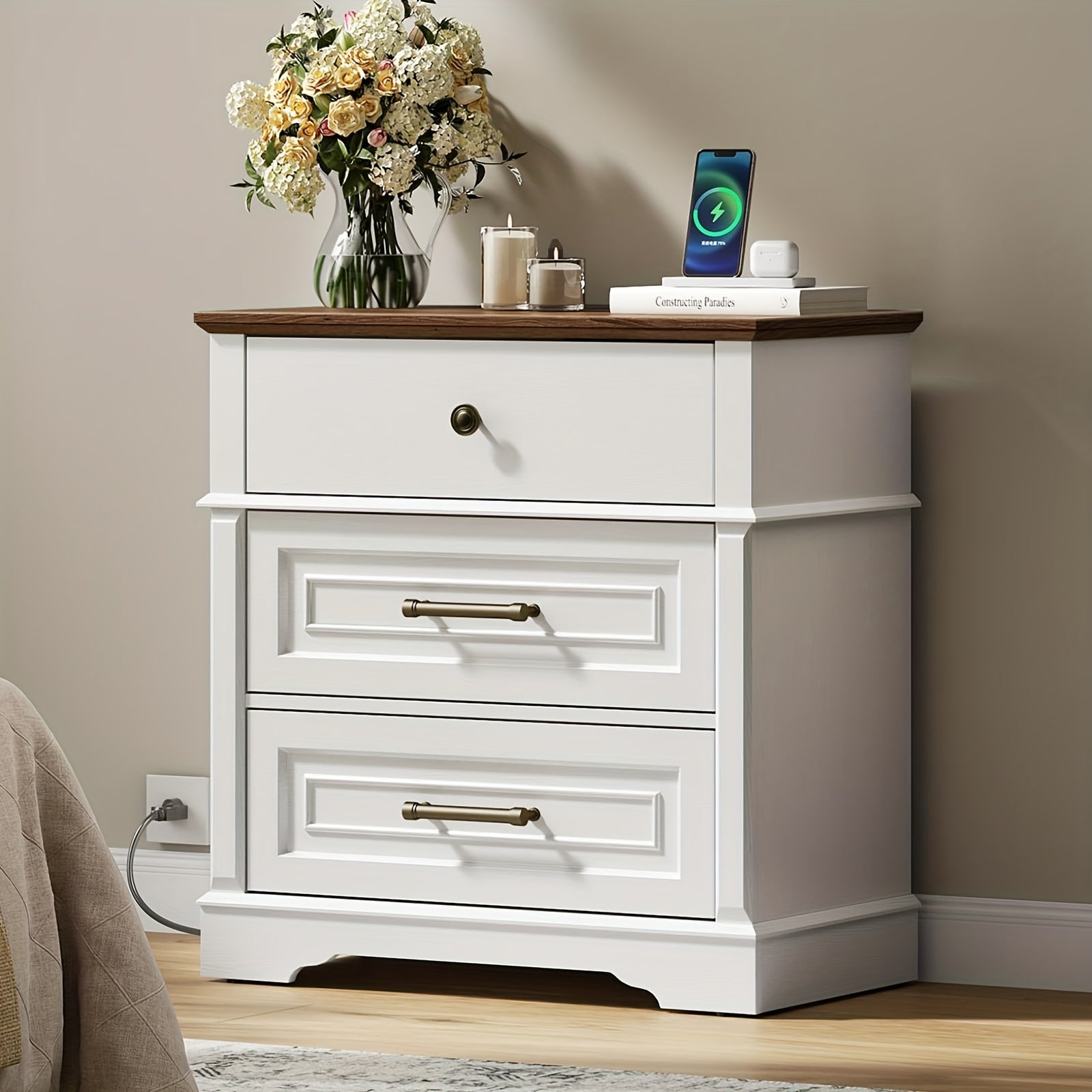 Large Nightstand with Charging Station, 70cm Wide End Table with 3 Drawers, Tall Bedside Table/Side Table, Farmhouse 3 Drawer Dresser for Bedroom, White And Walnut