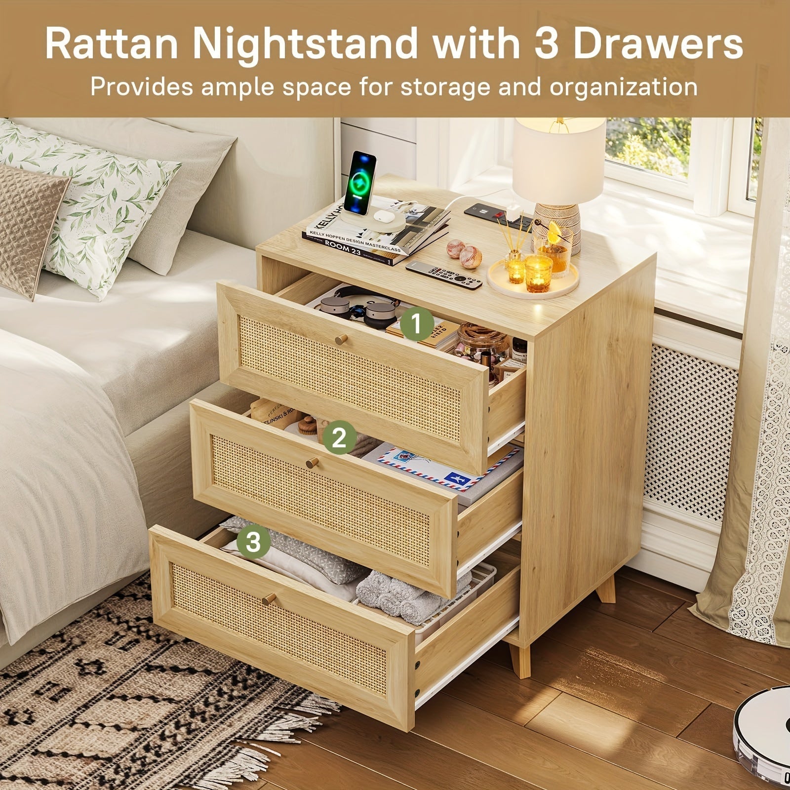 Boho Rattan Nightstand with 3 Drawers - Modern Metal Bedside End Table, Space-Saving Design for Bedroom