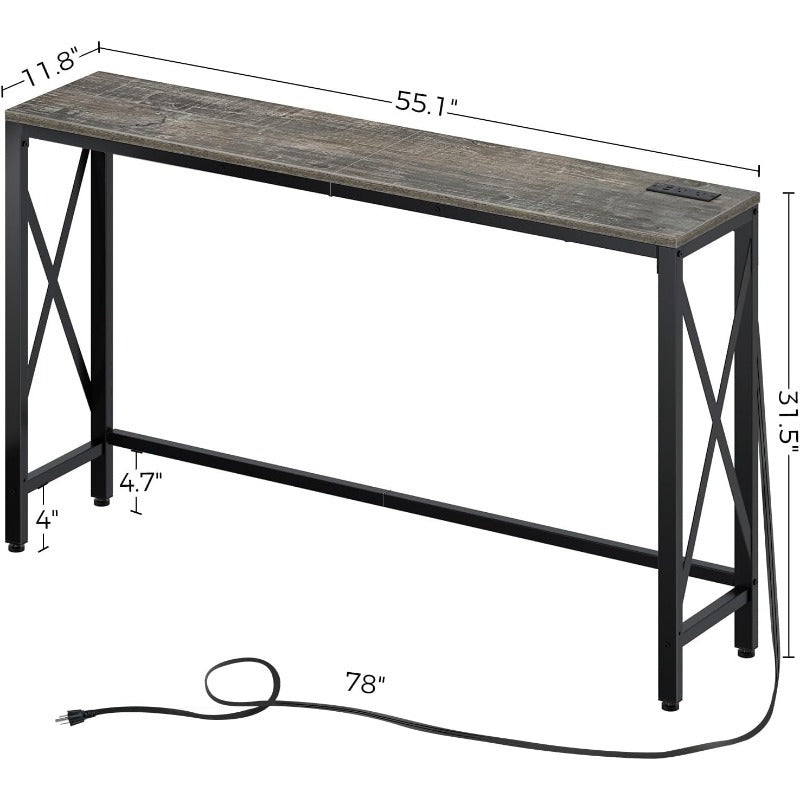 Console Table with Power Outlet, Sofa Table with Charging Station, Narrow Entryway Table, Skinny Hallway Table, Behind Couch Table 100 x 30/20, 140 x 30/20, 180 x 30/20 Farmhouse Table Behind Sofa Couch H