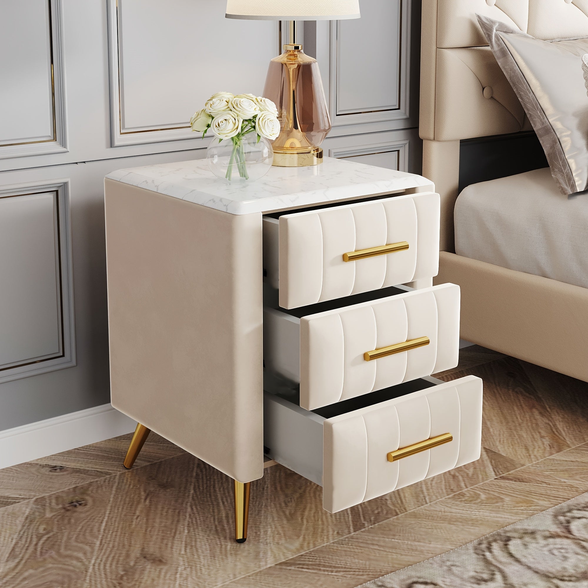 Upholstered Wooden Nightstand With 3 Drawers And Metal Legs&Handles, Bedside Table With Marbling Worktop