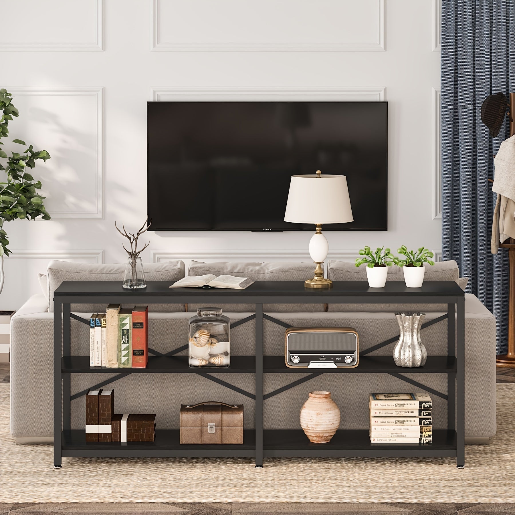 180 cm Extra Long Console Table, Modern 3-Tier Sofa Table with Storage Shelves, Ideal as Industrial Hallway Entryway Table or Bookshelf in Living Room, Featuring Functional Behind Couch Design