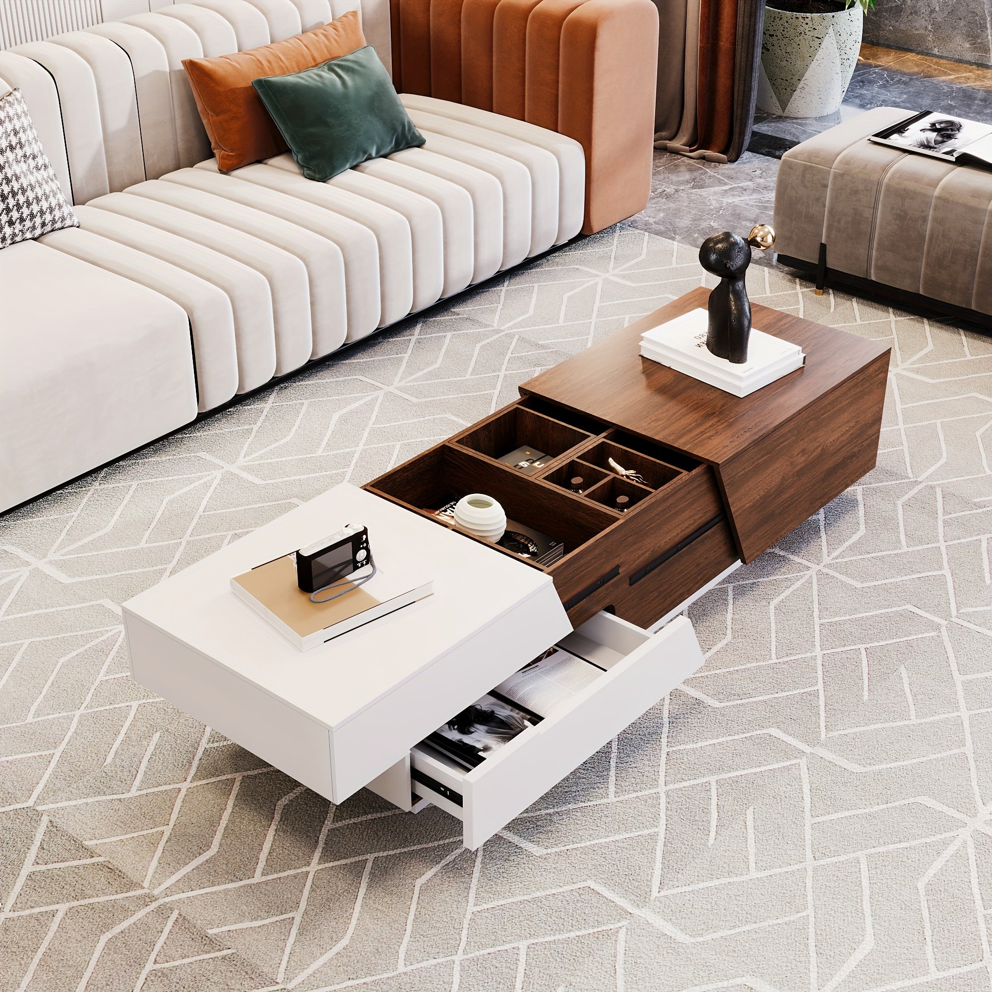 Modern Extendable Sliding Top Coffee Table With Storage In White&Walnut