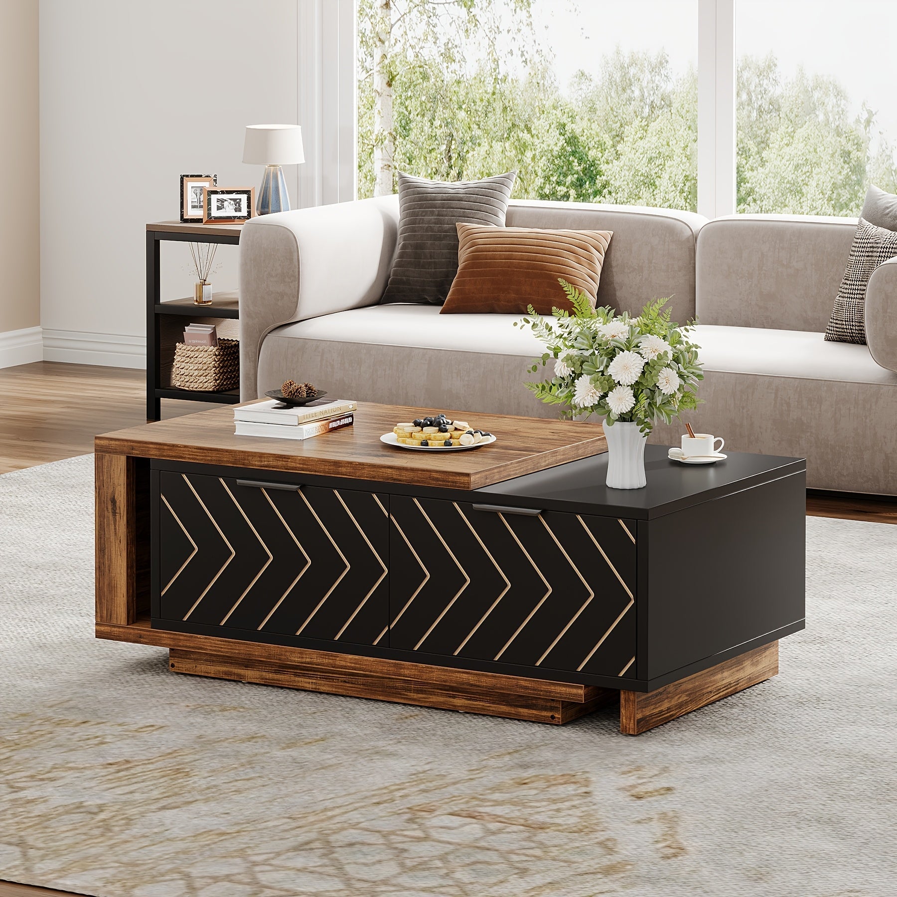 Versatile Dual-Tone Extendable Coffee Table - 106cm Adjustable, Reversible Wood Centerpiece with Spacious Storage Drawers for Living Room