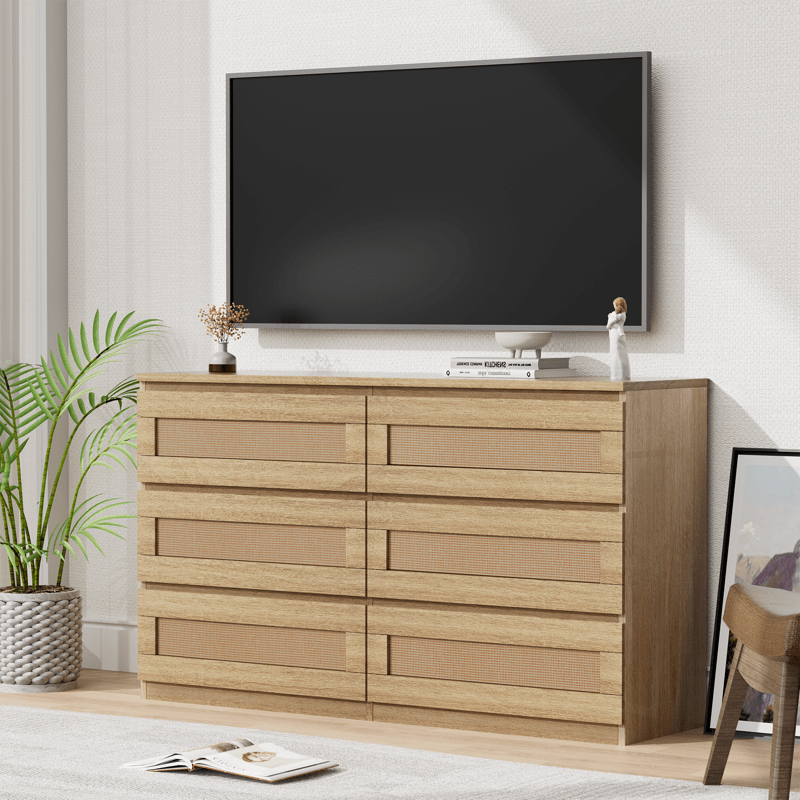 Rattan Dresser for Bedroom, Modern 6-Drawer Double Dresser with Anti-Tip Kit, Wood Storage Wide Chest of Drawers for Bedroom, Living Room, Hallway