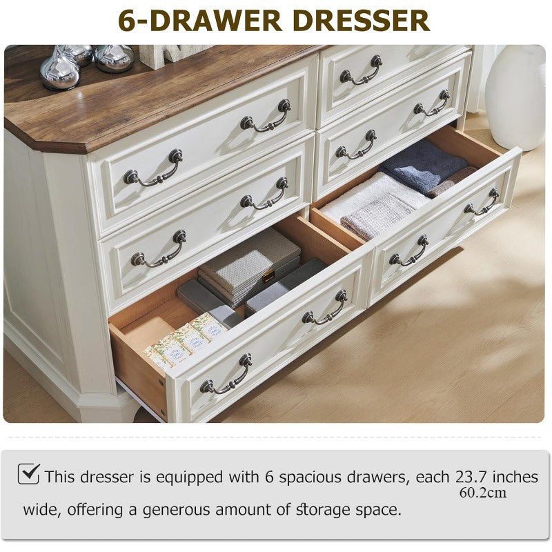 Charming Rustic Farmhouse 6-Drawer Dresser - 54" Wide, Antique White with Natural Wood Grain Finish, Beveled Edges for Safety & Style, Spacious Storage Organizer for Bedroom and Living Room