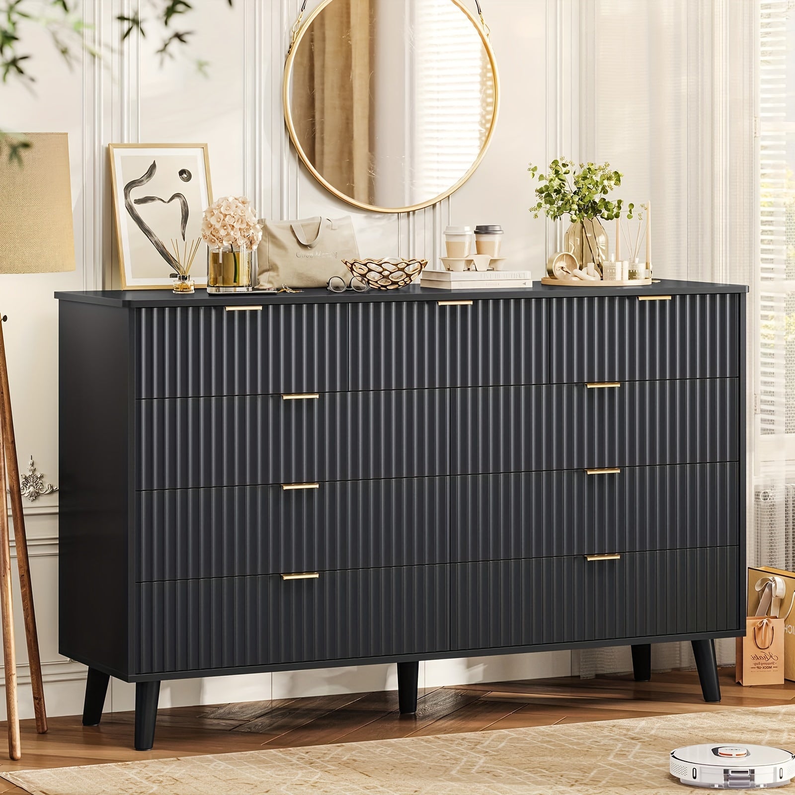 Fluted 9 Drawers Dresser, Waveform Fluted Panel Cabinet, Black/ Oak