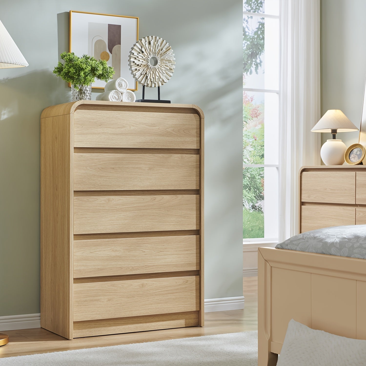 Modern 5 Drawers Dresser For Bedroom, 114cm Tall Dressers & Chests Of Drawers W/Curved Profile Design, Wood Mid Century Vertical Dresser W/Natural Texture For Bedroom, Living Room