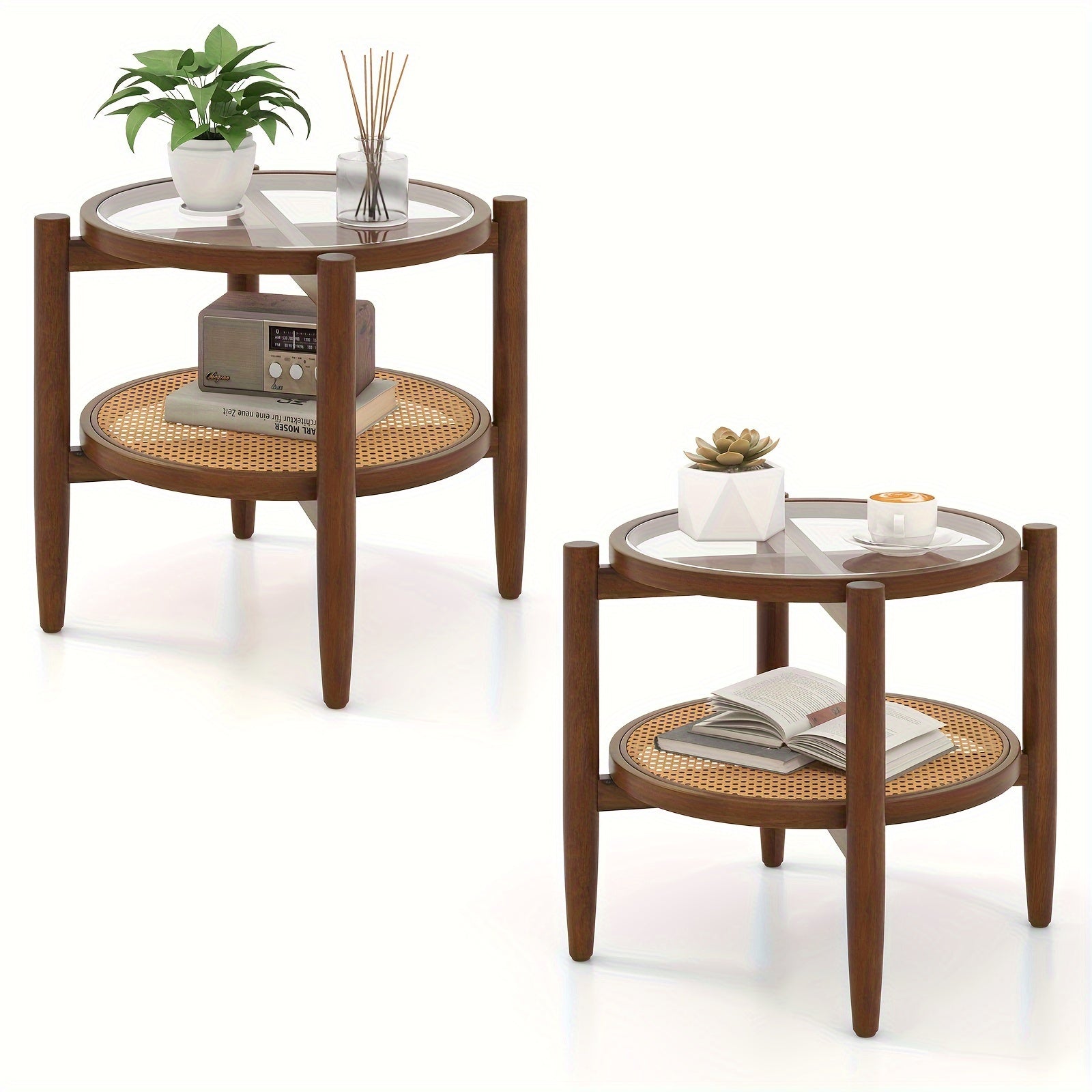 Rattan Round End Table, Walnut Boho Nightstand With Tempered Glass Top And Acacia Wood Legs, 2-Tier Side Table With Storage, Bedside Tables For Small Spaces Living Room Bedroom