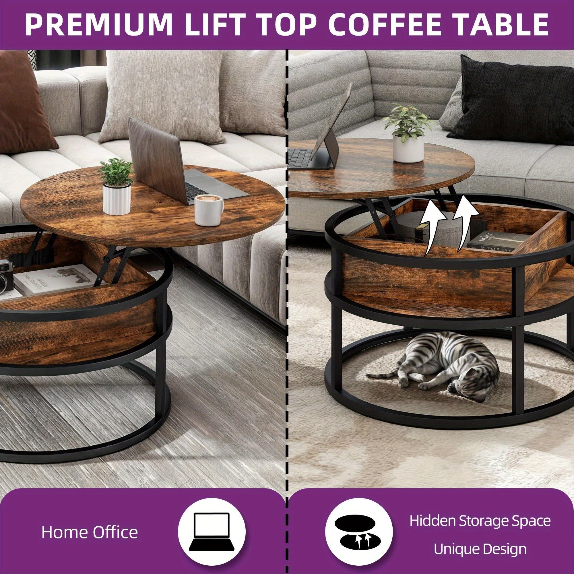 Round Lift Top Coffee Table Hidden Storage Shelf Pet Friendly Scratchproof Wood