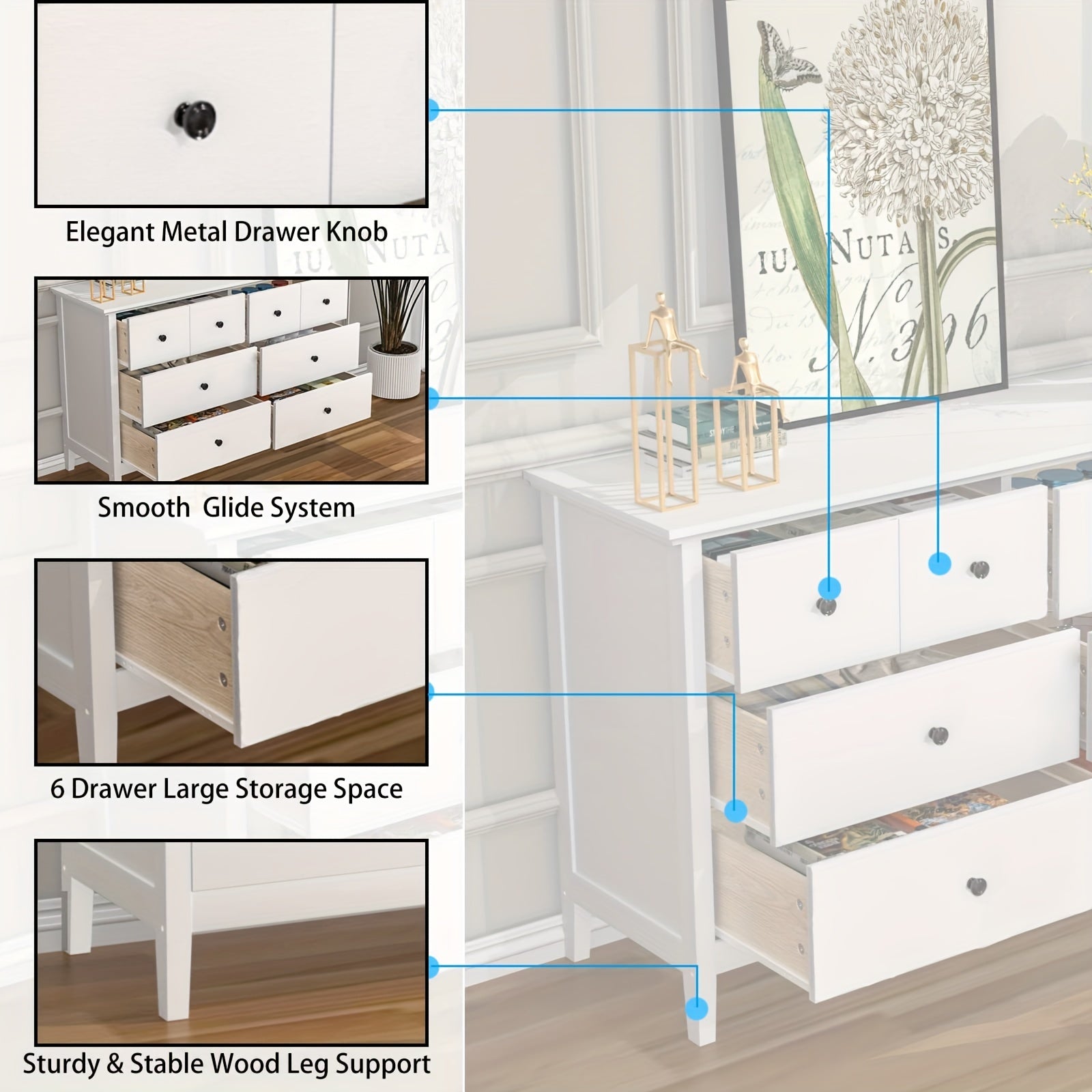 Classic 6-Drawer Double Dresser - Floor Mount Wood Bedroom Storage Chest with Flat Panel Doors, Metal Handles, Composite Wood Back, Easy Assembly, Weather Independent - Ideal for Hallway, Entryway