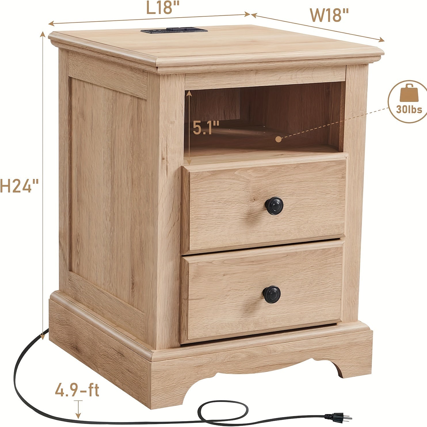 Nightstand With Charging Station, 45cm Vintage End Table With 2 Drawers, Wood Rustic Sofa Side Table With Open Storage Shelf For Bedroom, Living Room