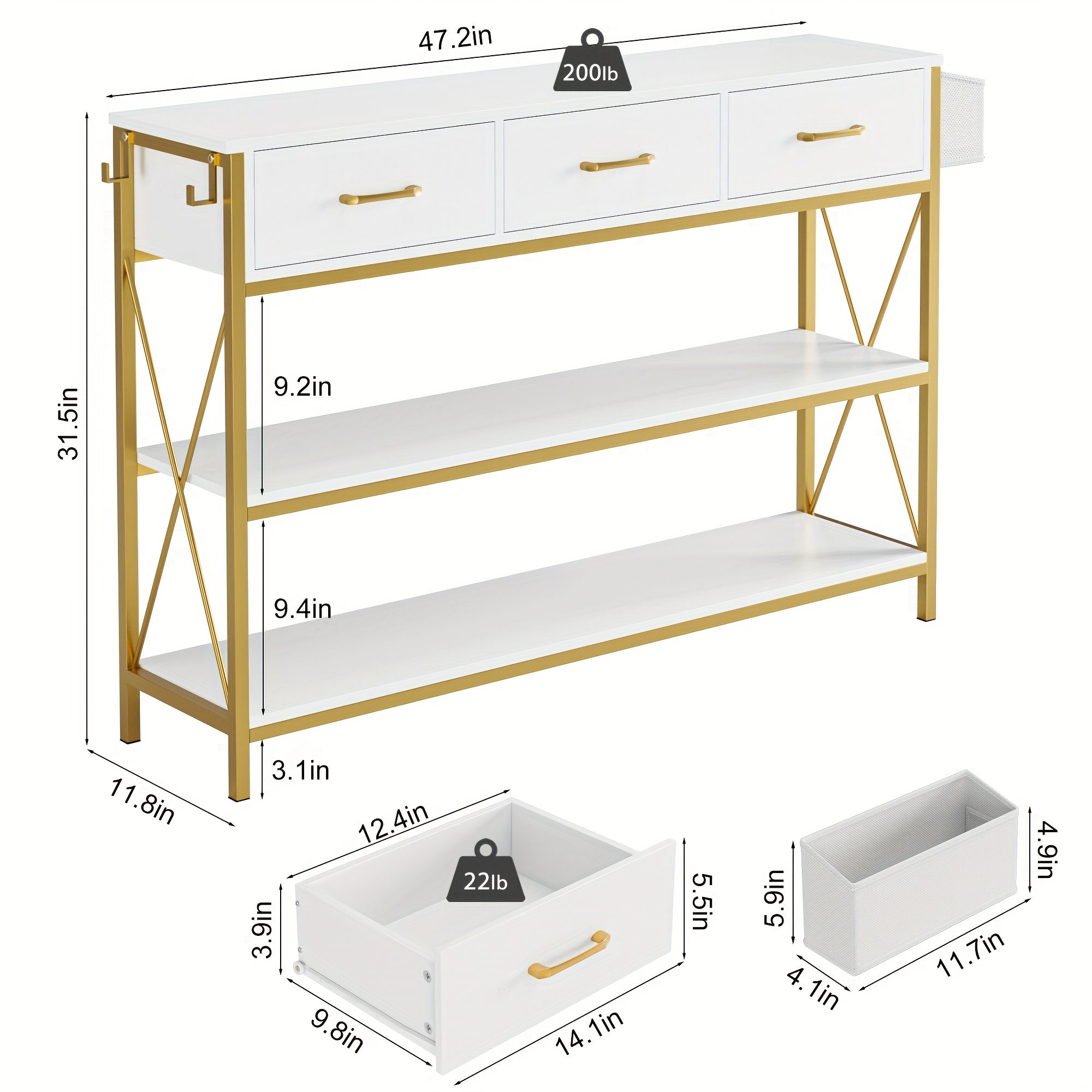 Industrial Console Table With 3 Drawers, Vintage Hallway Foyer Table With Storage Shelves, Narrow Long Sofa Entryway Table For Living Room (Dimensions in cm)