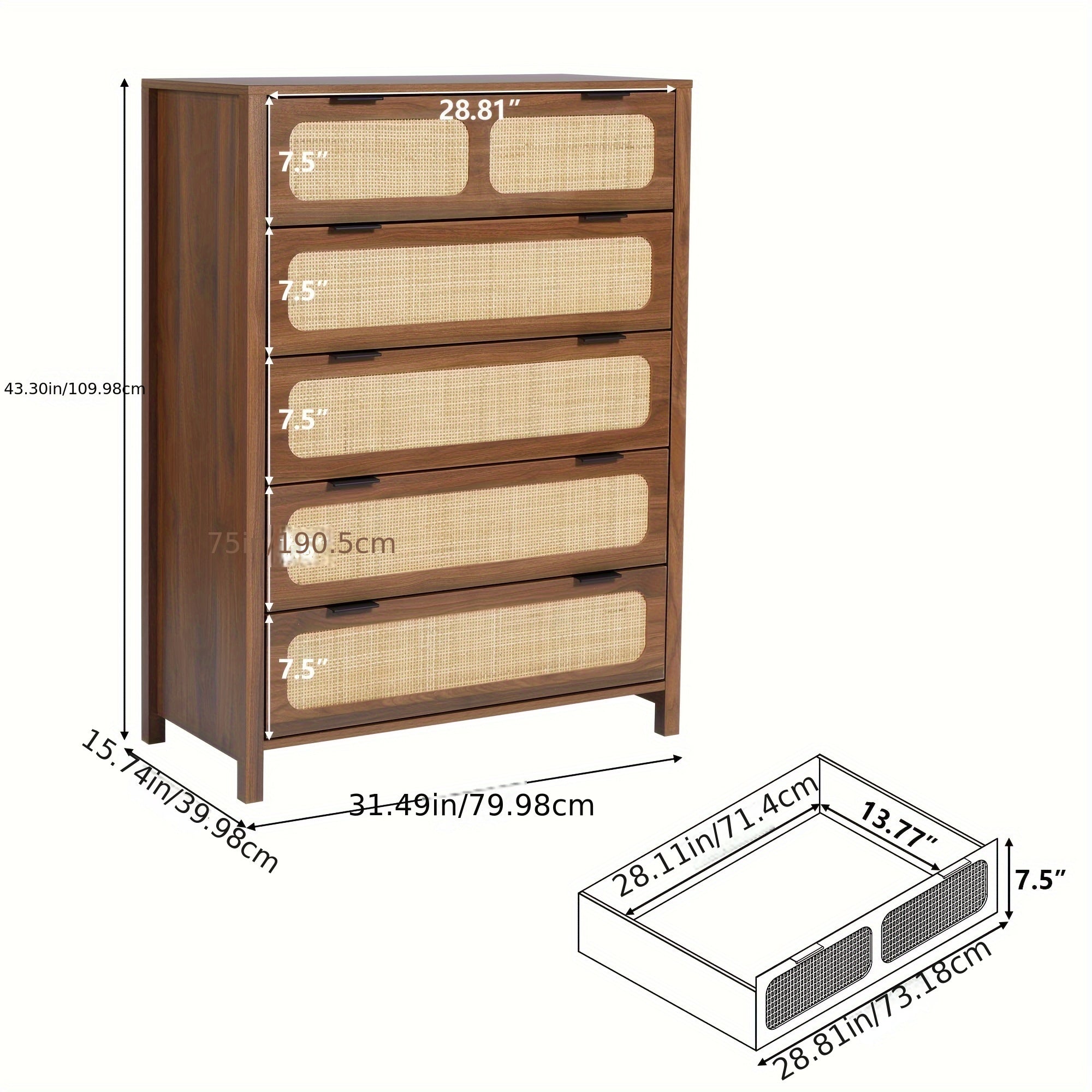 5 Drawer Dresser For Bedroom, Wide Chest Of Drawers With Storage, Rattan Nightstand Cabinet Dresser For Bedroom Hallway Living Room Entryway Office